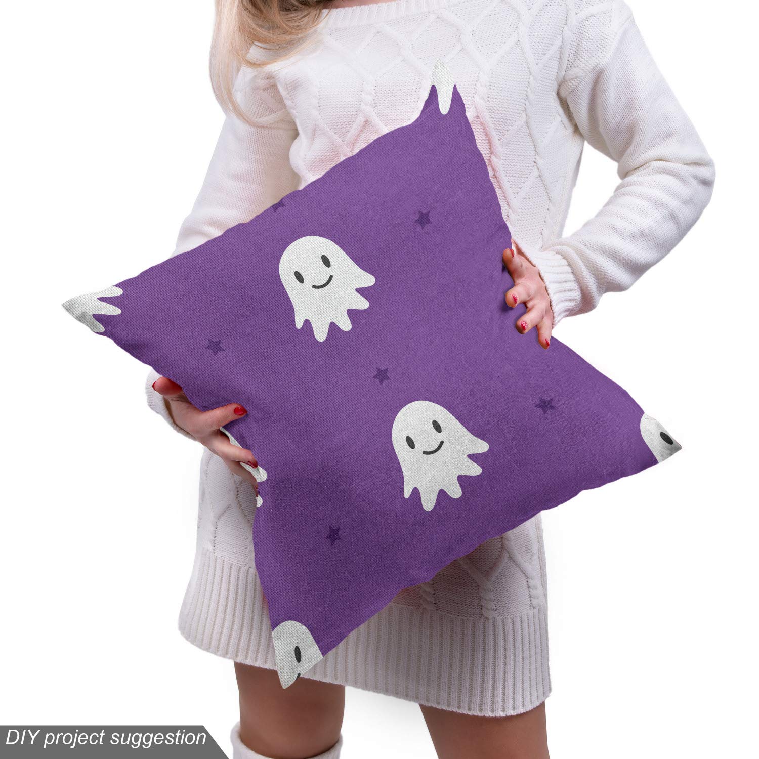 Ambesonne Halloween Fabric by The Yard - Spooky Ghost & Stars Print for Upholstery, DIY Crafts & Home Decor | 10 Yards Fuchsia & White | Perfect for Costumes, Table Runners & Party Decorations