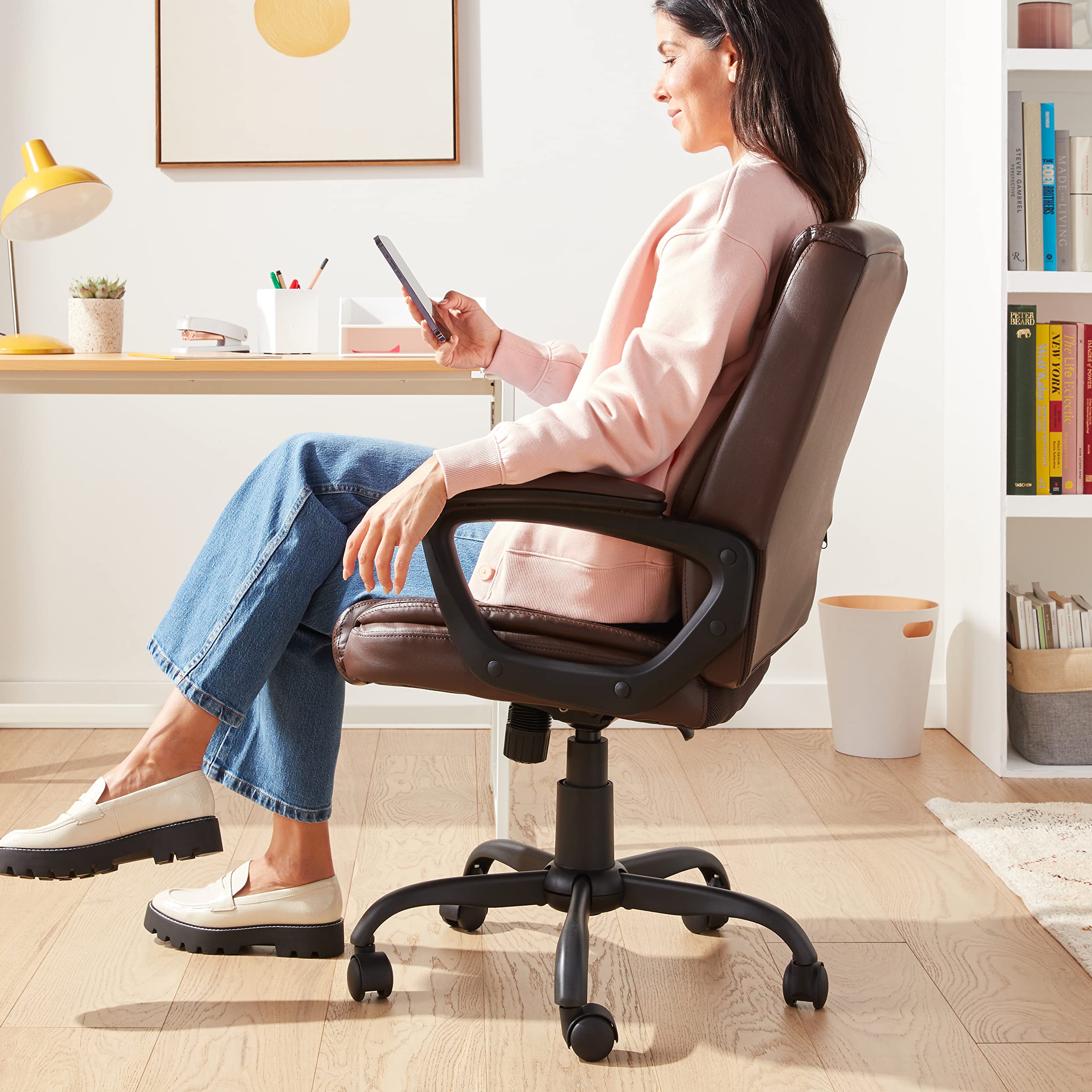 AmazonBasics Classic Puresoft PU-Padded Mid-Back Office Chair with Adjustable Armrests - Ergonomic Desk Chair for Home & Office, Brown - Perfect for Long Work Hours, Gaming & Study Sessions