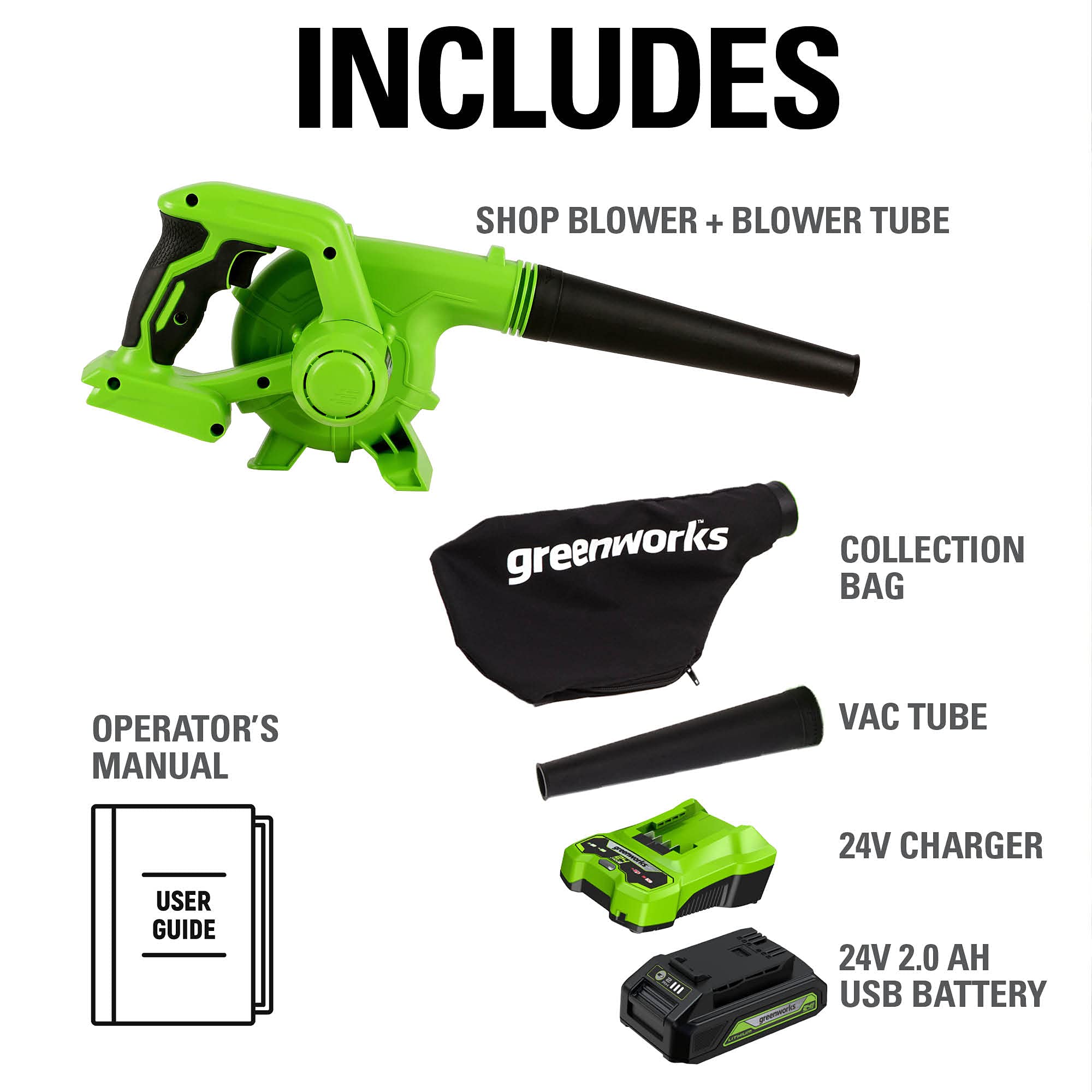 Greenworks 24V Cordless Leaf Blower - 90 MPH, 180 CFM, 2.0Ah Battery & Charger Included - Compatible with 125+ Tools - Perfect for Yard Cleanup, Driveway Clearing & Workshop Use