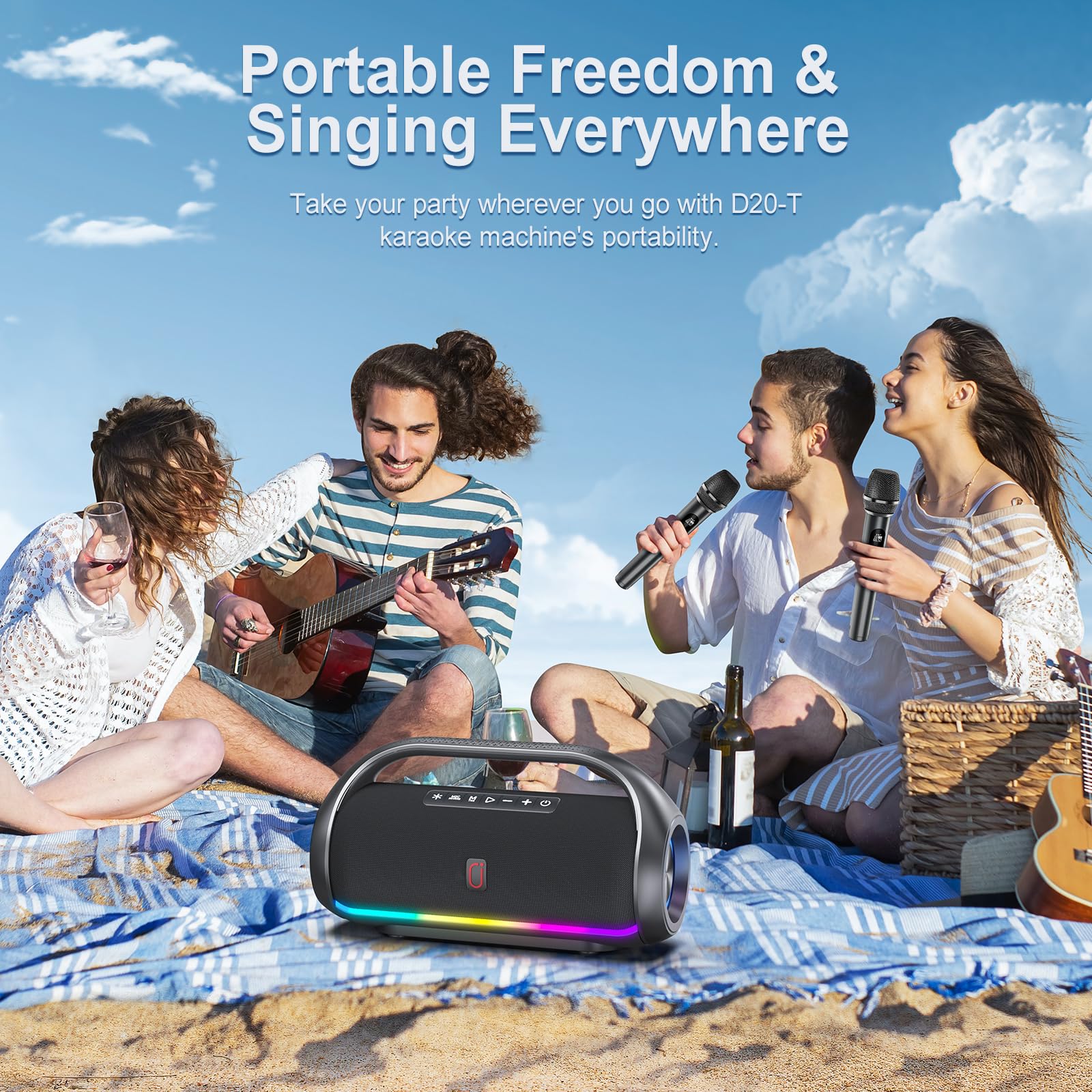 HWWR Portable Bluetooth Speaker with 2 Wireless Mics - IPX5 Waterproof, Deep Bass & LED Lights - Loud Stereo Speaker for Outdoor, Indoor, Home Parties, Hiking, Camping - Perfect for Backyard BBQs, Beach Trips & Poolside Gatherings