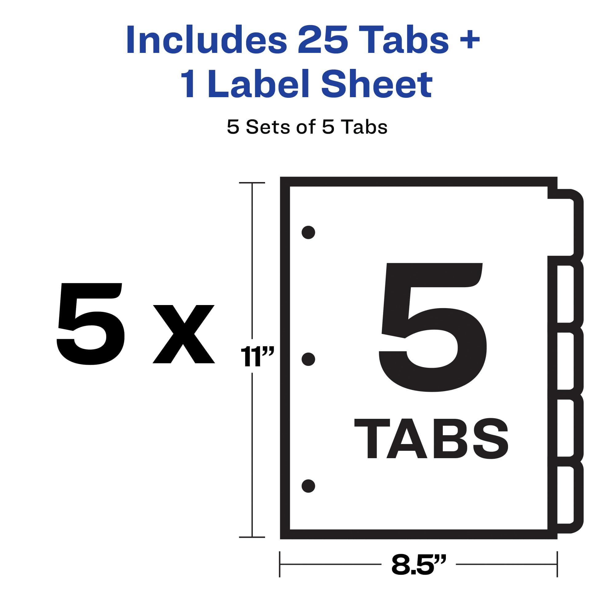 Avery 5-Tab Dividers for 3-Ring Binder - Customizable White Tabs with Clear Label Strips, Easy Print & Apply - 5 Sets (11436) - Perfect for Office Organization, School Binders, and Document Filing
