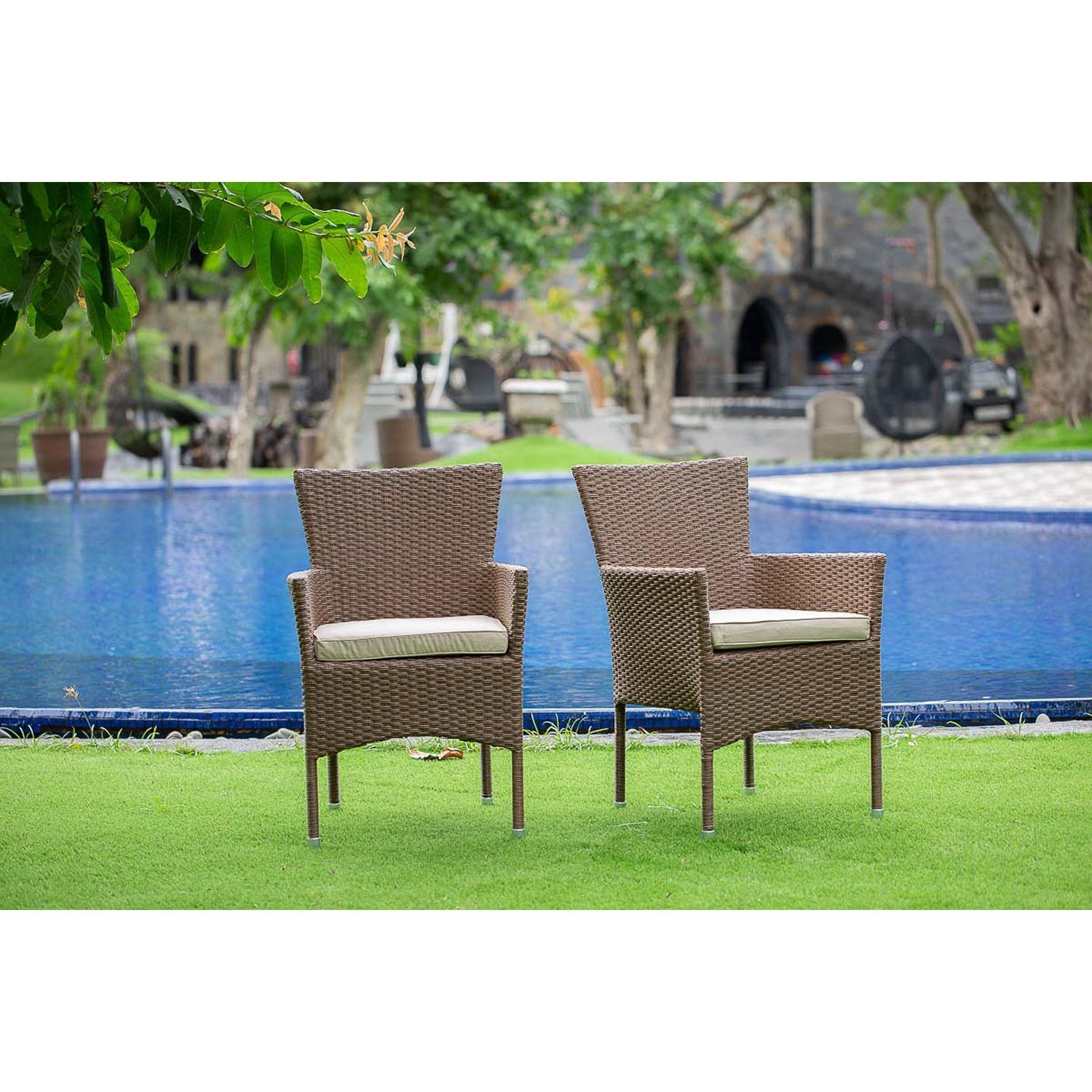 East West Furniture BKLC102A Outdoor Patio Wicker Arm Chairs with Cushion, Set of 2, Brown - Perfect for Garden, Poolside, or Backyard Relaxation