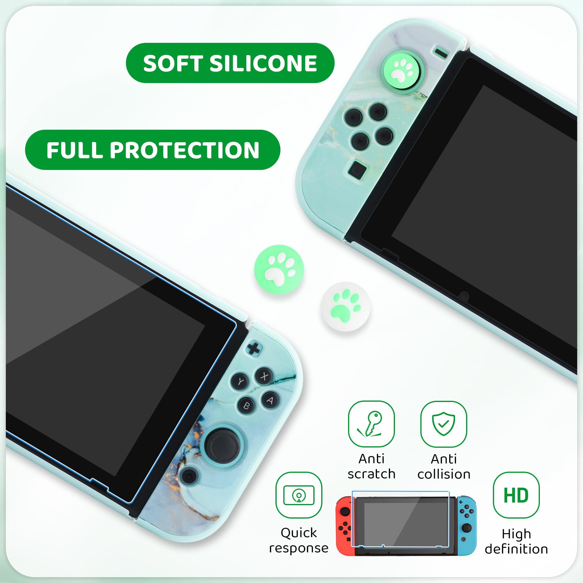 Premium Hard Shell Travel Case for Nintendo Switch - Green Marble Protective Cover with Screen Protector, Adjustable Shoulder Strap & 2 Thumb Grips | Portable Storage Solution for Gaming On-The-Go, Commuting & Travel Accessories