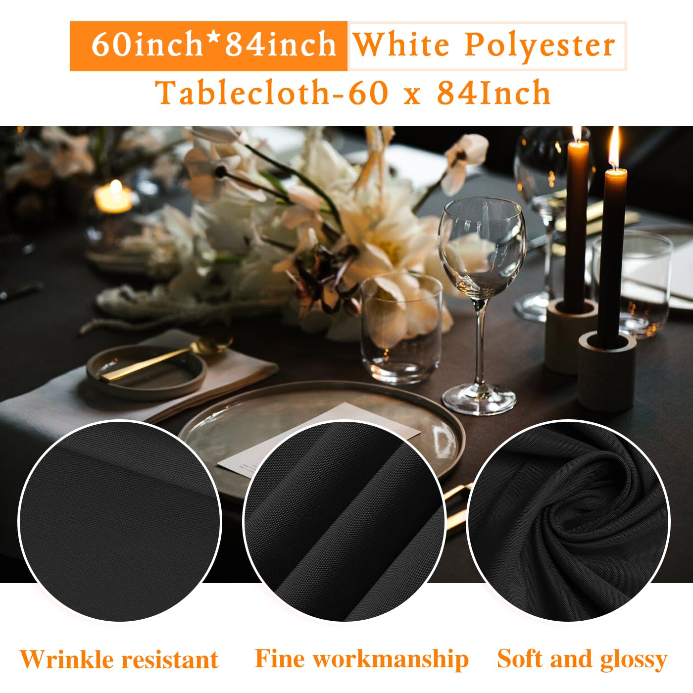 WIGENIUS 6 Pack Black Rectangle Tablecloths 60x84 Inch - Premium Polyester Fabric for 4 Foot Tables - Wrinkle Resistant & Washable - Perfect for Parties, Weddings, Banquets & Home Dining Decor