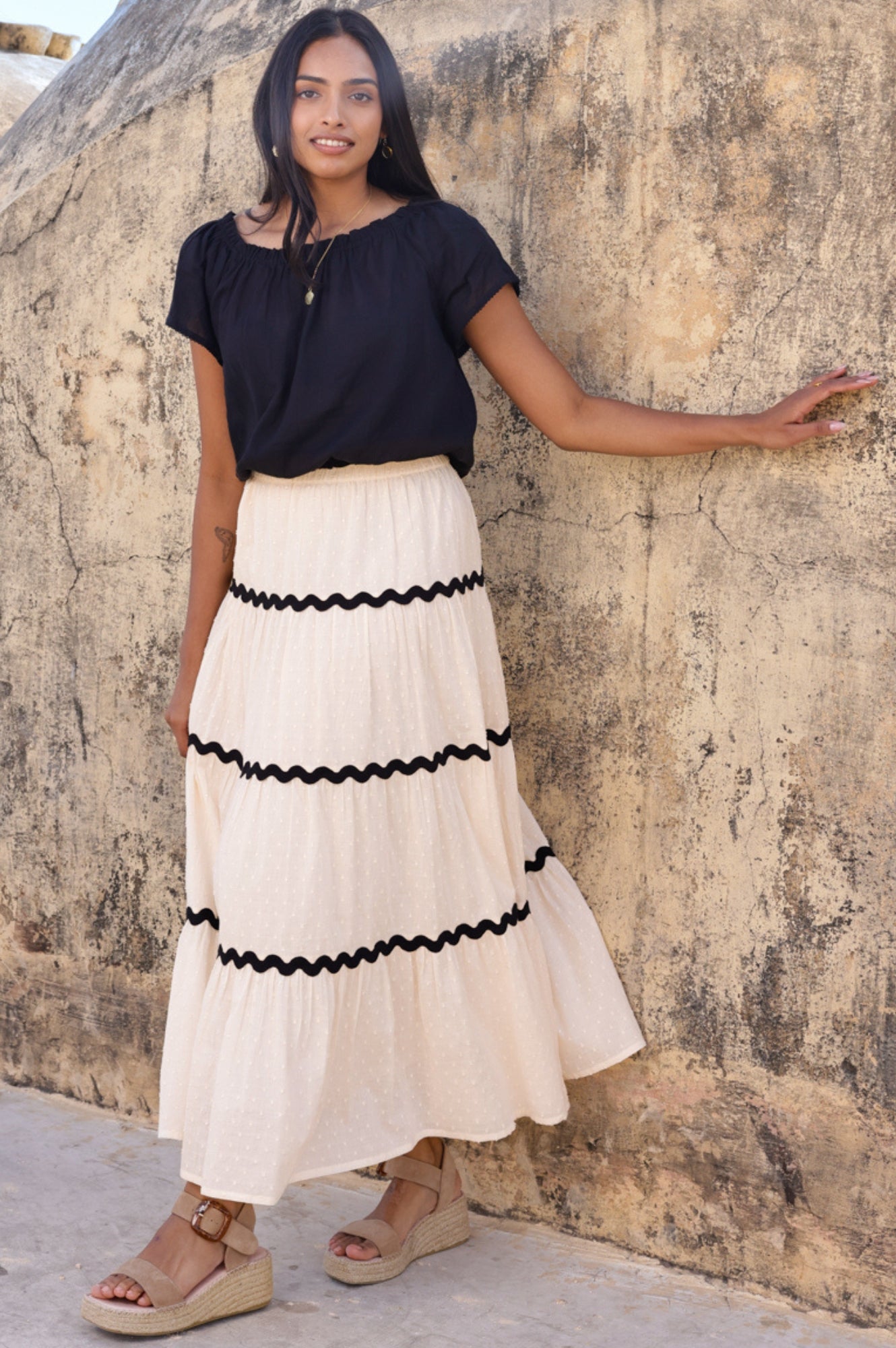 Organic Cotton Dobby Ric Rac Skirt - Vintage Cream & Black | Boho Summer Dress, Beach Outfit, Casual Chic Fashion