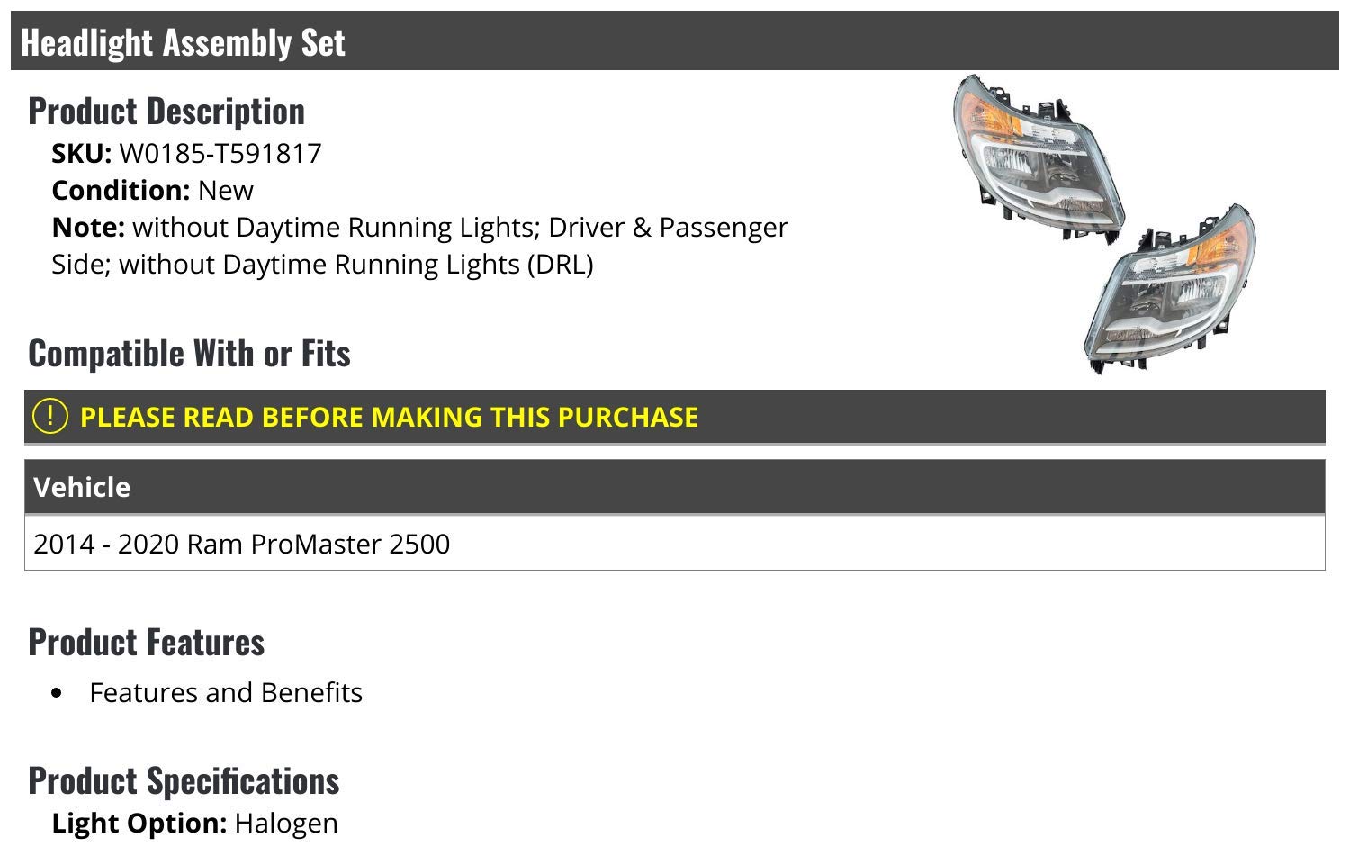 2-Pack Headlight Assembly for 2014-2020 Ram ProMaster 2500 - No DRL - Replacement Headlights for Night Driving & Off-Road Use