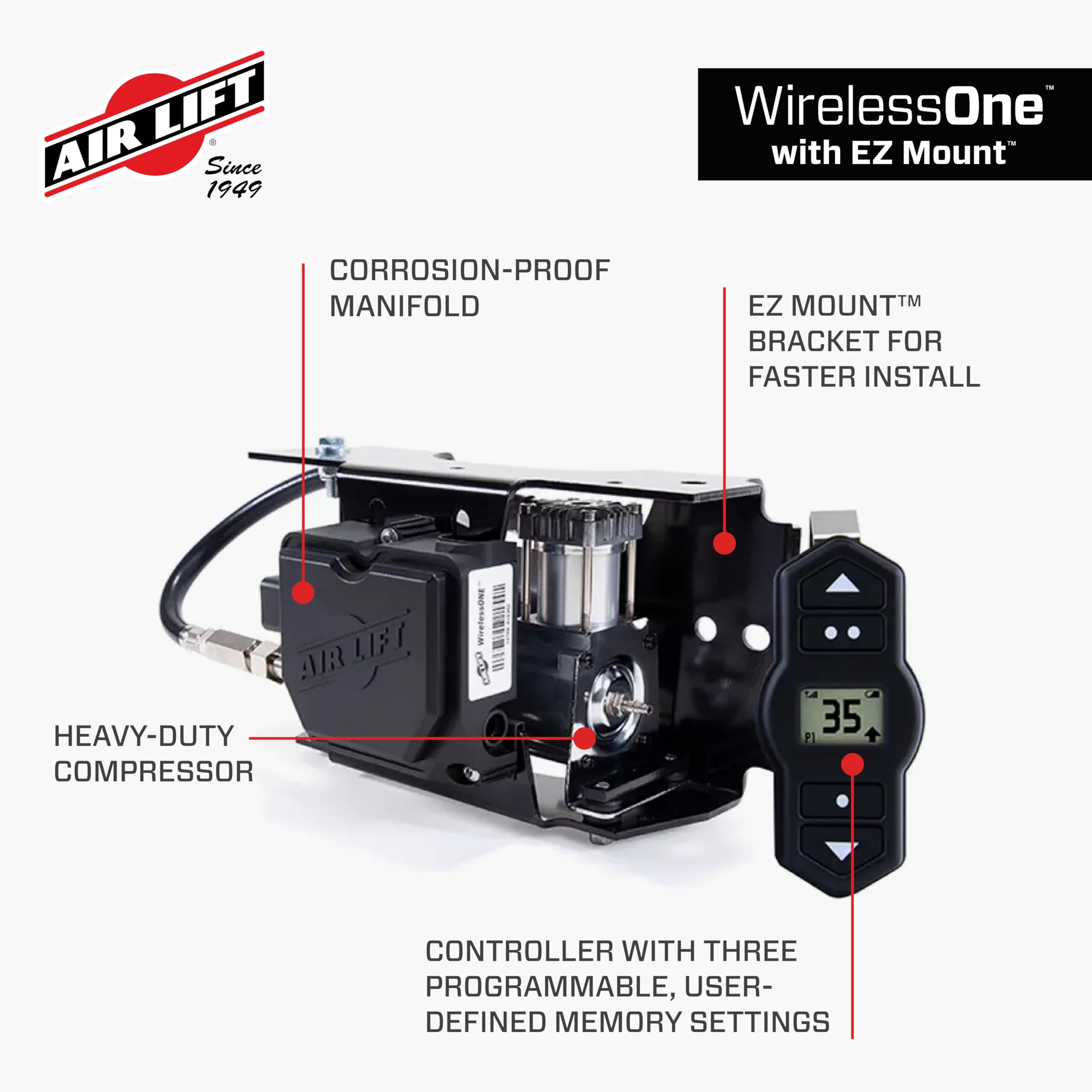 Air Lift WirelessOne 2nd Generation + EZ Mount On-Board Air Compressor with Mobile App Control - 25980EZ - Perfect for Truck, SUV & Off-Road Vehicle Air Suspension Systems