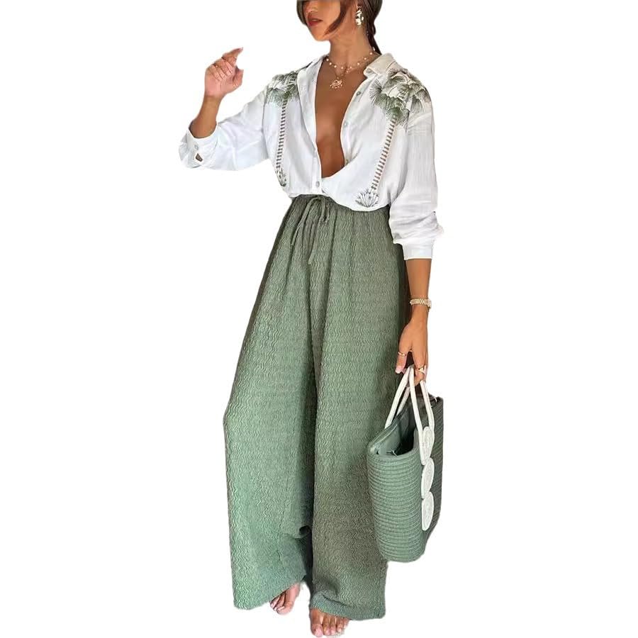 Women's 2-Piece Lounge Set - Soft V-Neck Button Crop Top & Flowy Wide Leg Pants Outfit | Comfy Matching Pajama Set for Home, Yoga & Relaxation