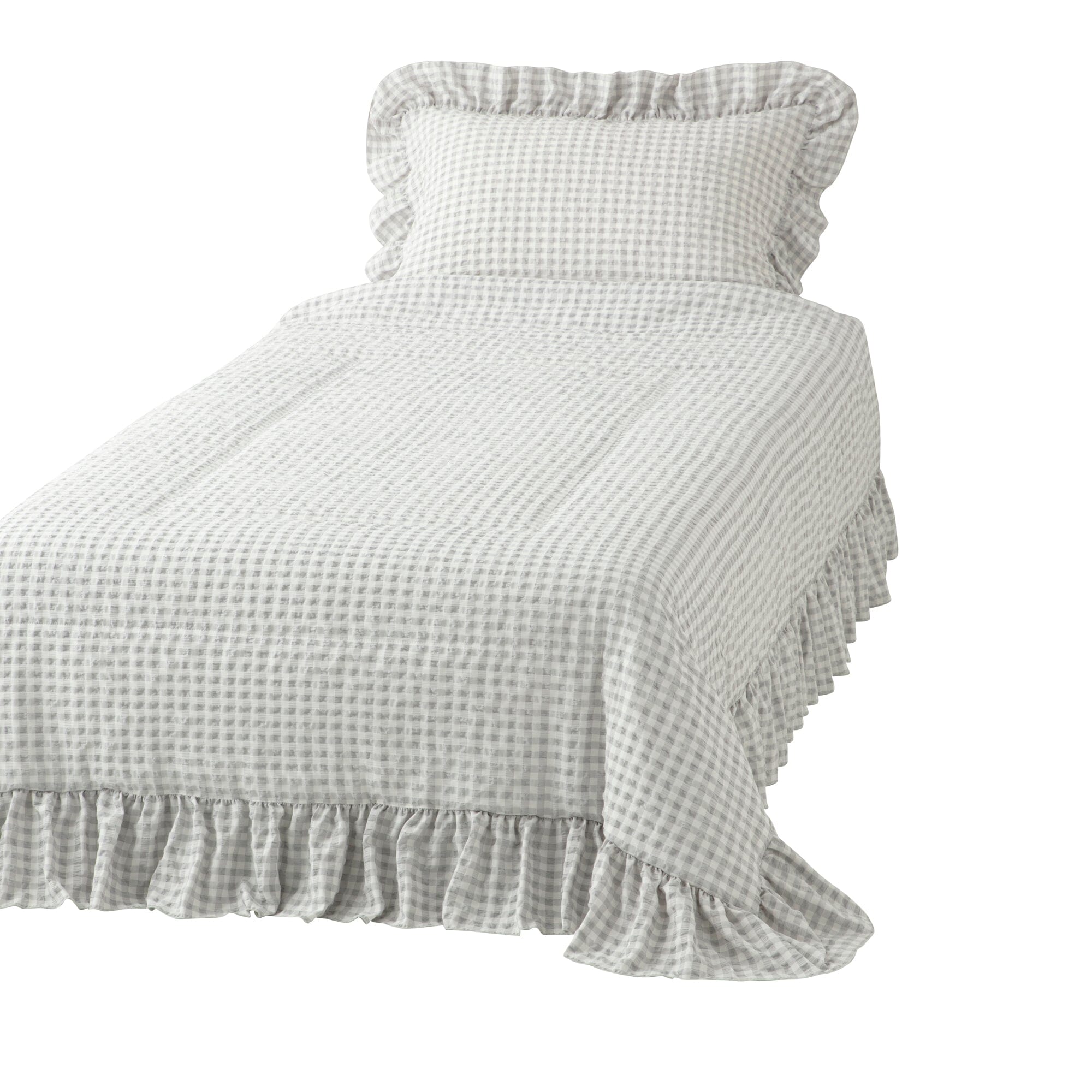 Fuwaro Cooling Quilt - Breathable Summer Bedding with Frill Check Design in White & Grey - Perfect for Hot Sleepers & Air-Conditioned Rooms