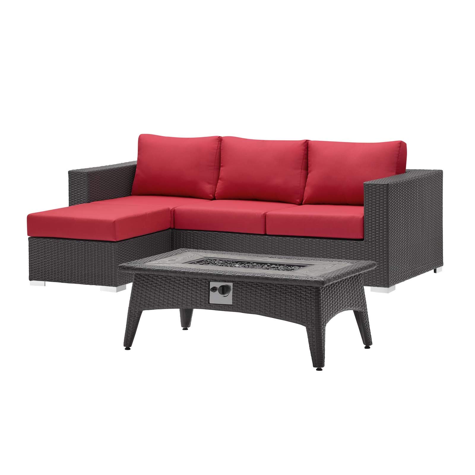 Modern Outdoor Patio Lounge Set - 3-Piece Wicker Sofa, Chair & Coffee Table with Fire Pit - Water-Resistant Fabric Rattan Furniture for Backyard, Garden or Poolside Relaxation