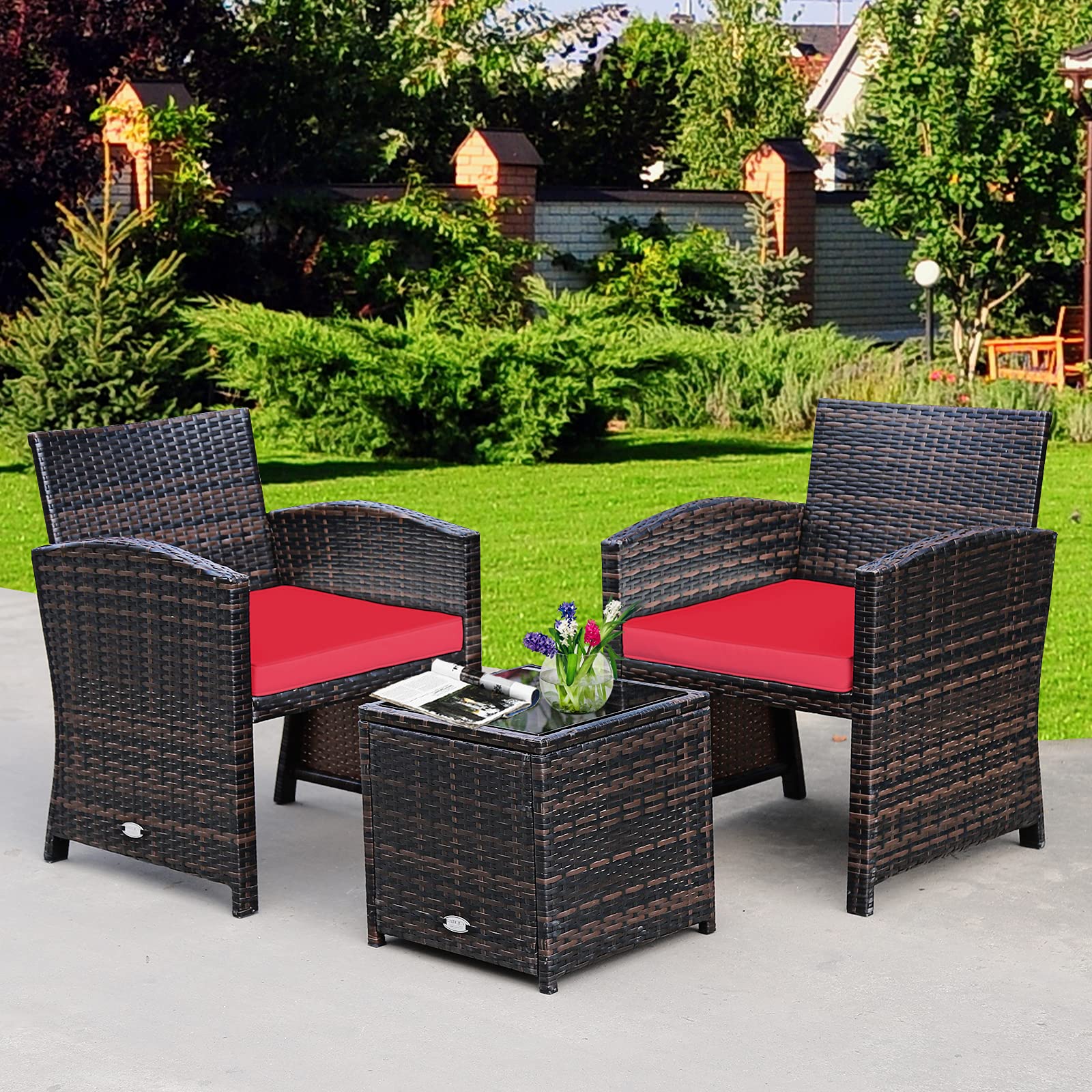 Tangkula 3-Piece Outdoor PE Rattan Patio Furniture Set with Chair & Storage Coffee Table - Waterproof Wicker Conversation Set, Detachable Cushions, Sturdy X-Shaped Frame - Perfect for Garden, Backyard, Poolside, Deck or Balcony (Red) - Ideal for Relaxing, Entertaining & Outdoor Dining