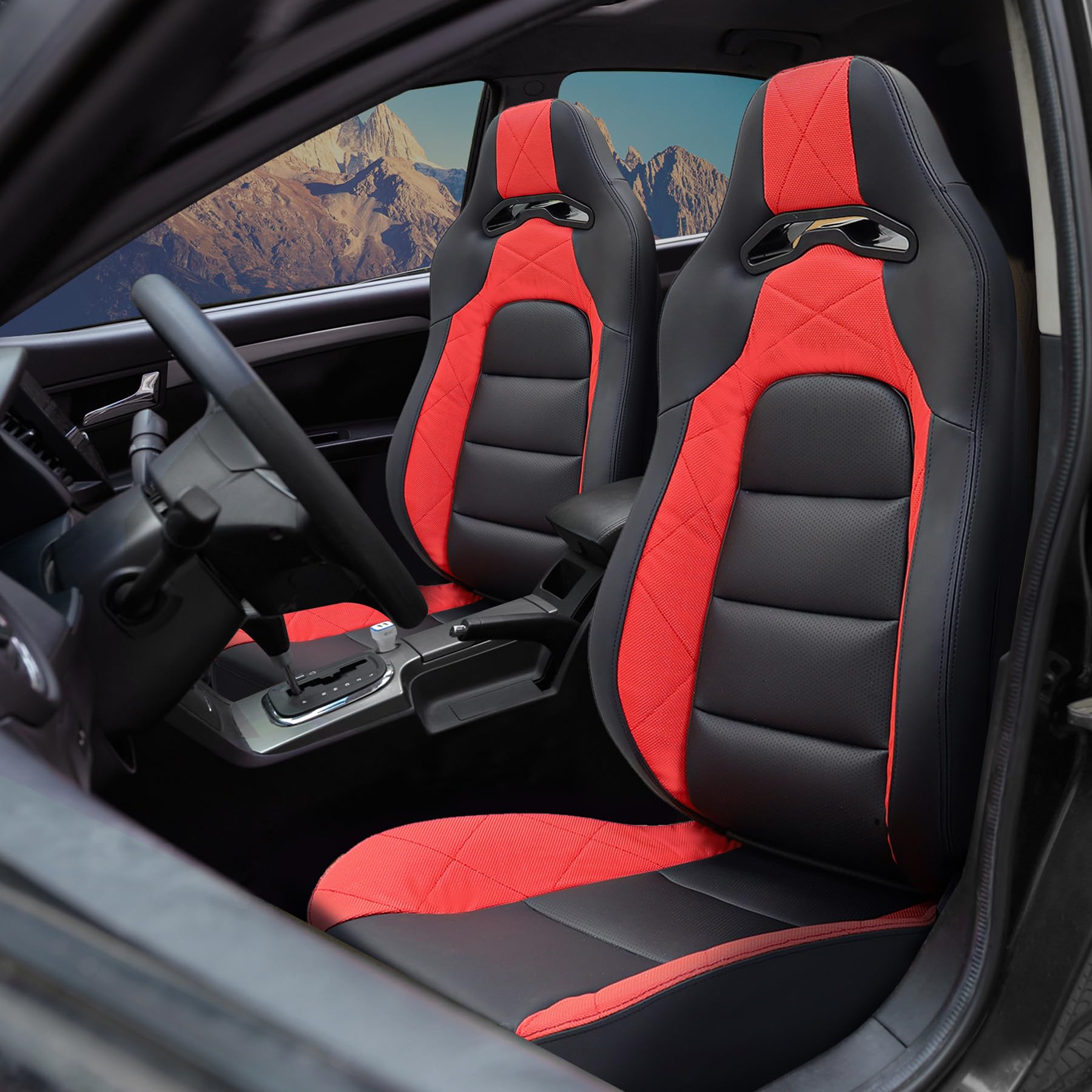 2 Pack Universal Racing Seats - PVC Leather Bucket Seats with Dual Lock Sliders for Front-Back Adjustment | Black & Red Automotive Racing Seats for Cars | Perfect for Track Racing, Drifting & Street Performance