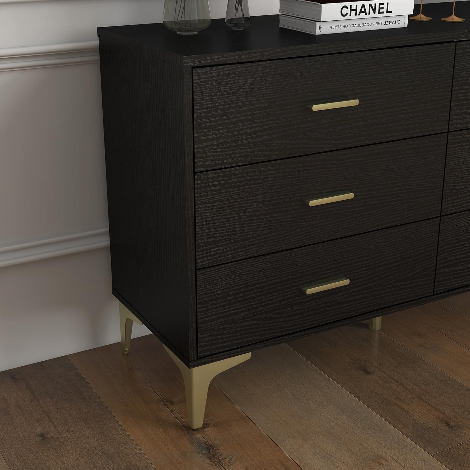 Modern 6-Drawer Wooden Dresser - Solid Wood Lateral Chest of Drawers with Wide Storage Drawers & Gold Metal Handles for Bedroom, Living Room, Hallway | Perfect for Closet Organization, Home Decor, and Entryway Storage