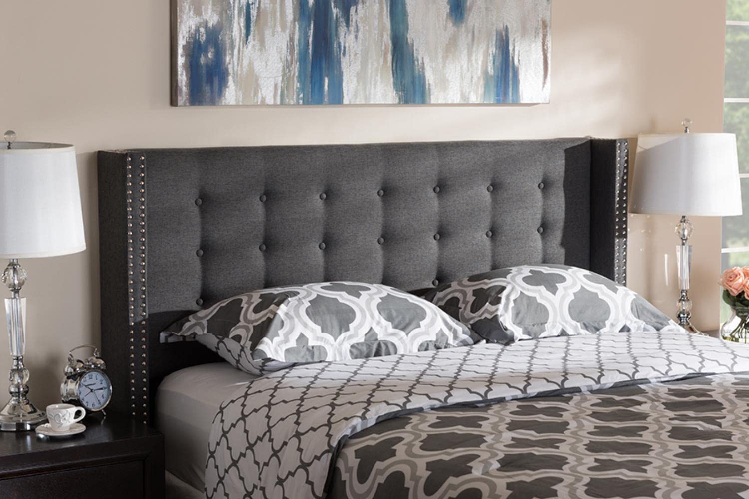 Baxton Studio Ginaro Modern Dark Grey Fabric King Size Winged Headboard with Button-Tufted & Nailhead Accents - Perfect for Contemporary Bedroom Decor & Master Suite Upgrade