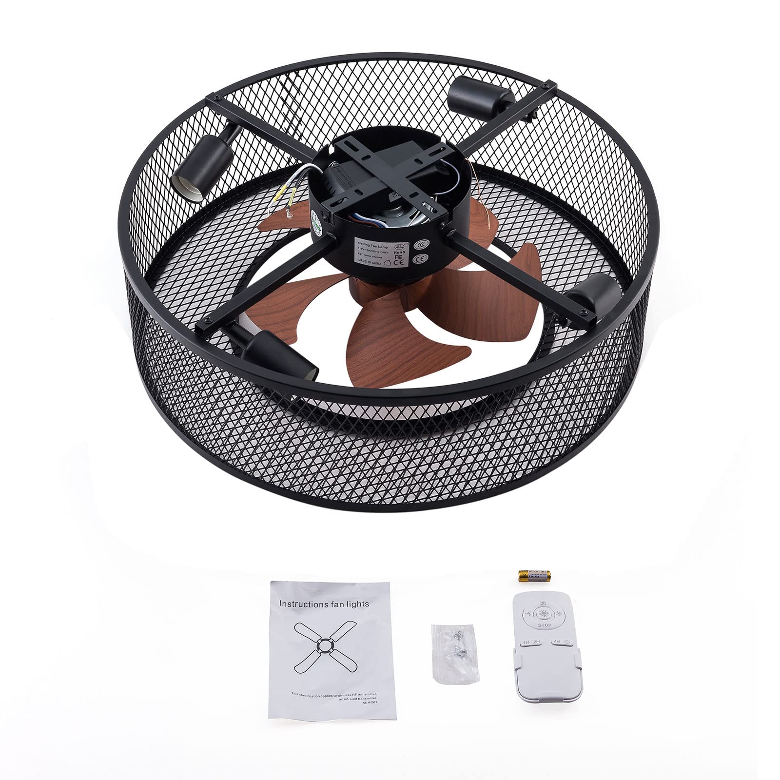 20 Inch Black Iron Caged Ceiling Fan with Light - 3 Speed Adjustable Remote Control, Low Profile Flush Mount Chandelier - Perfect for Bedroom, Dining Room, Living Room & Home Office Decor