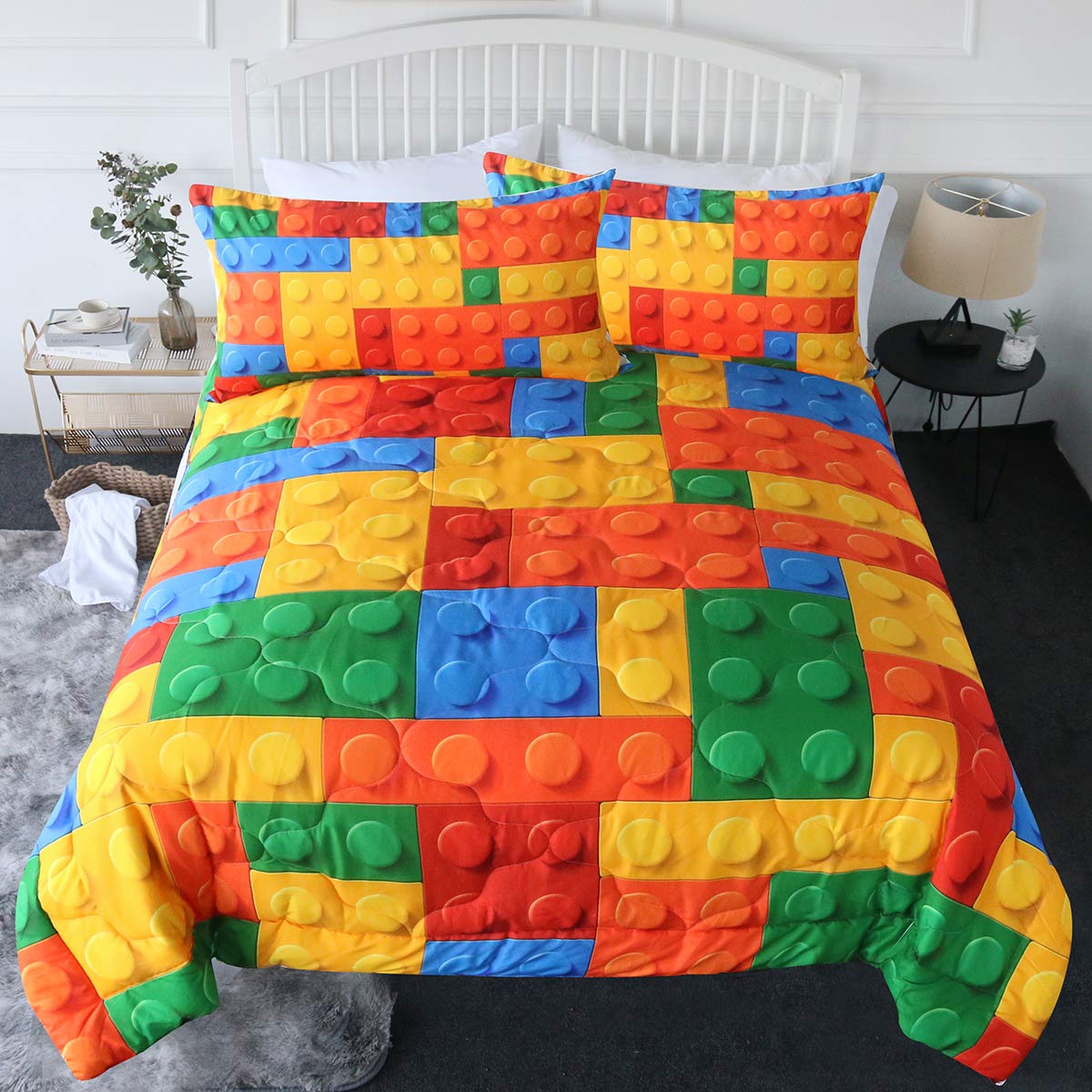 BlessLiving King Size Comforter Set for Teen Boys - 3 Piece Colorful Toy & Building Blocks Bedding Set | Fun & Cute Bedspread for Kids' Room Decor | Perfect for Boys' Bedrooms, Dorm Rooms & Play Areas
