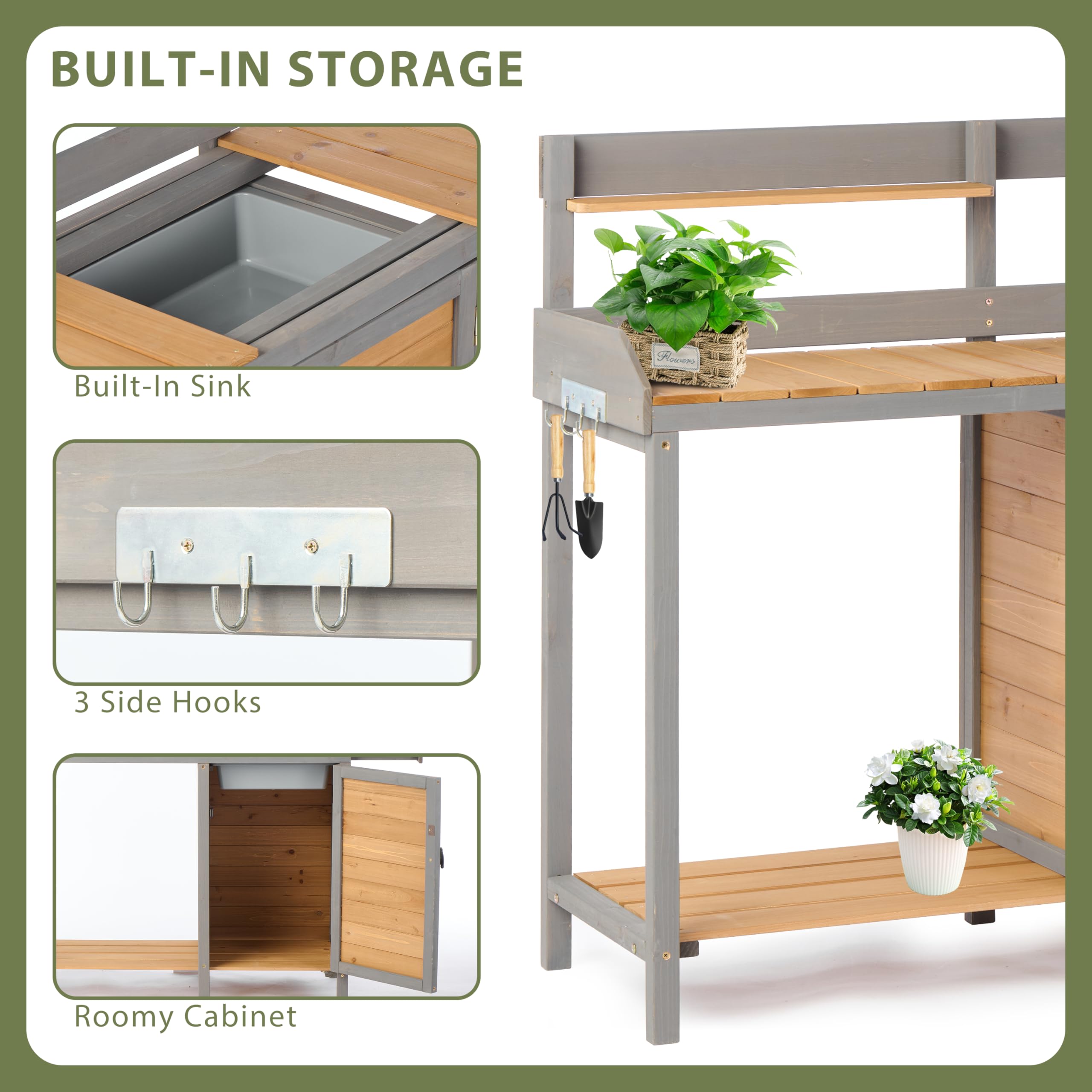 Wooden Potting Bench with Sink - Outdoor Garden Work Table with Storage Shelf | Perfect for Planting, Gardening, and DIY Projects on Patio, Lawn or Backyard