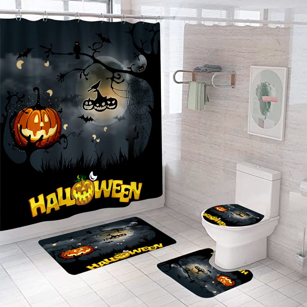 4Pcs Halloween Shower Curtain Set with Non-Slip Rugs, Toilet Lid Cover & Bath Mat | Spooky Pumpkin Design with 12 Hooks | Waterproof Bathroom Decor for Halloween Party & Home Haunted House Theme