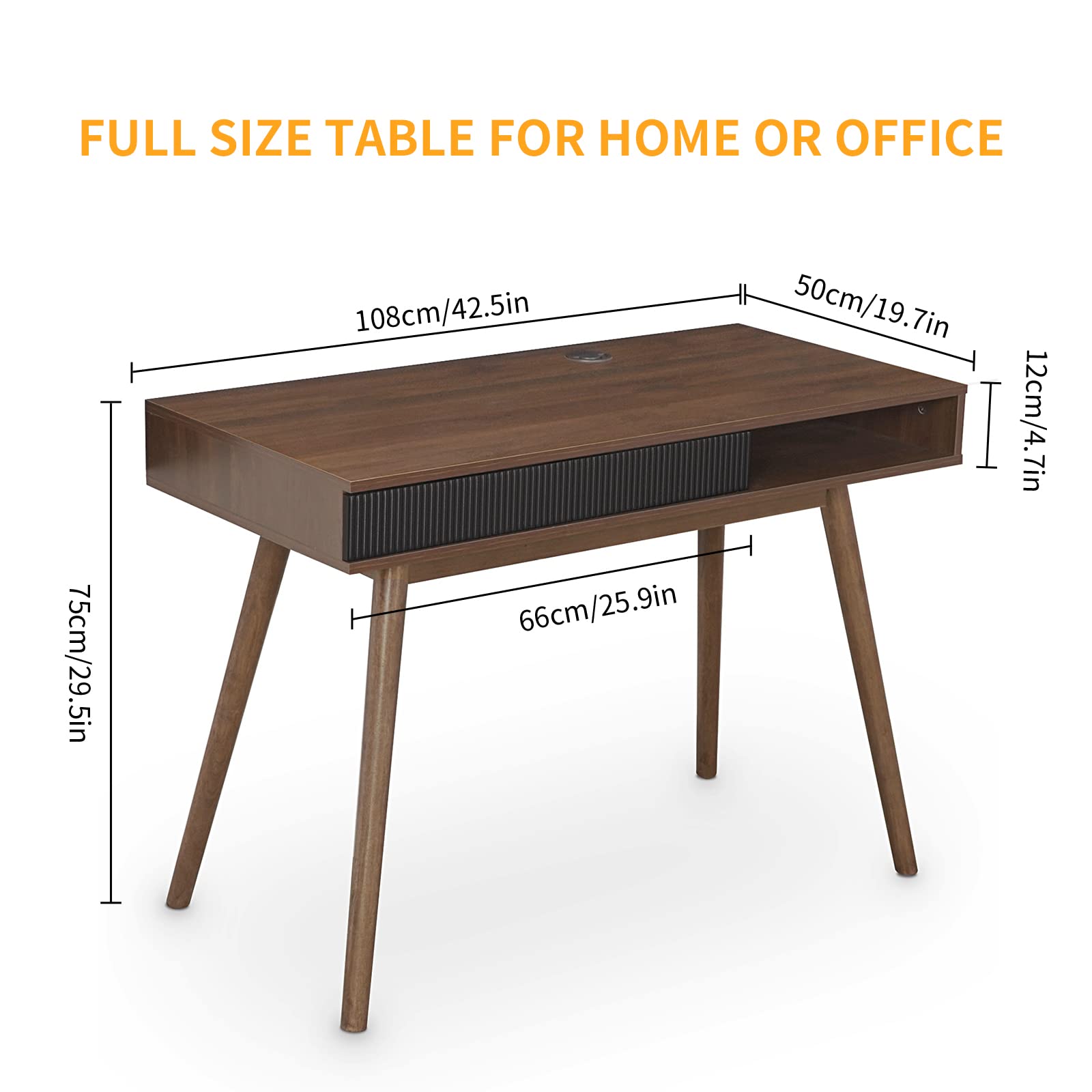Mid Century Modern Writing Desk with Drawer - Walnut Home Office Desk, Simple & Stylish Workspace Solution for Small Spaces & Home Offices