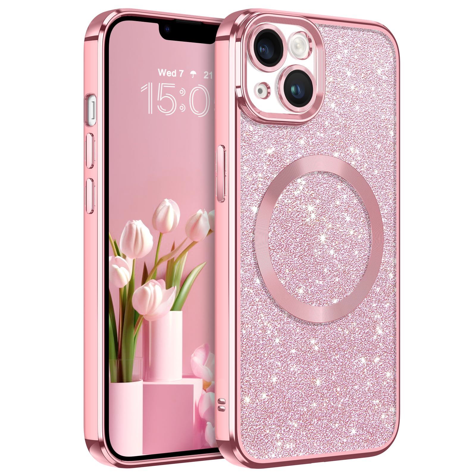 DOMAVER Magnetic iPhone 13 Case [MagSafe Compatible] - Luxury Clear Glitter Shockproof Protective Cover with Full Camera Protection - Pink Sparkly Phone Case for Women & Girls - Perfect for Everyday Use, Work, and Special Occasions