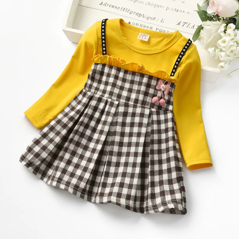 **Autumn Baby Girls Plaid Long Sleeve Dress with Rivet Details – Toddler Fake Two-Piece Lace Princess Dress – Perfect for Fall Photoshoots, Parties & Special Occasions**