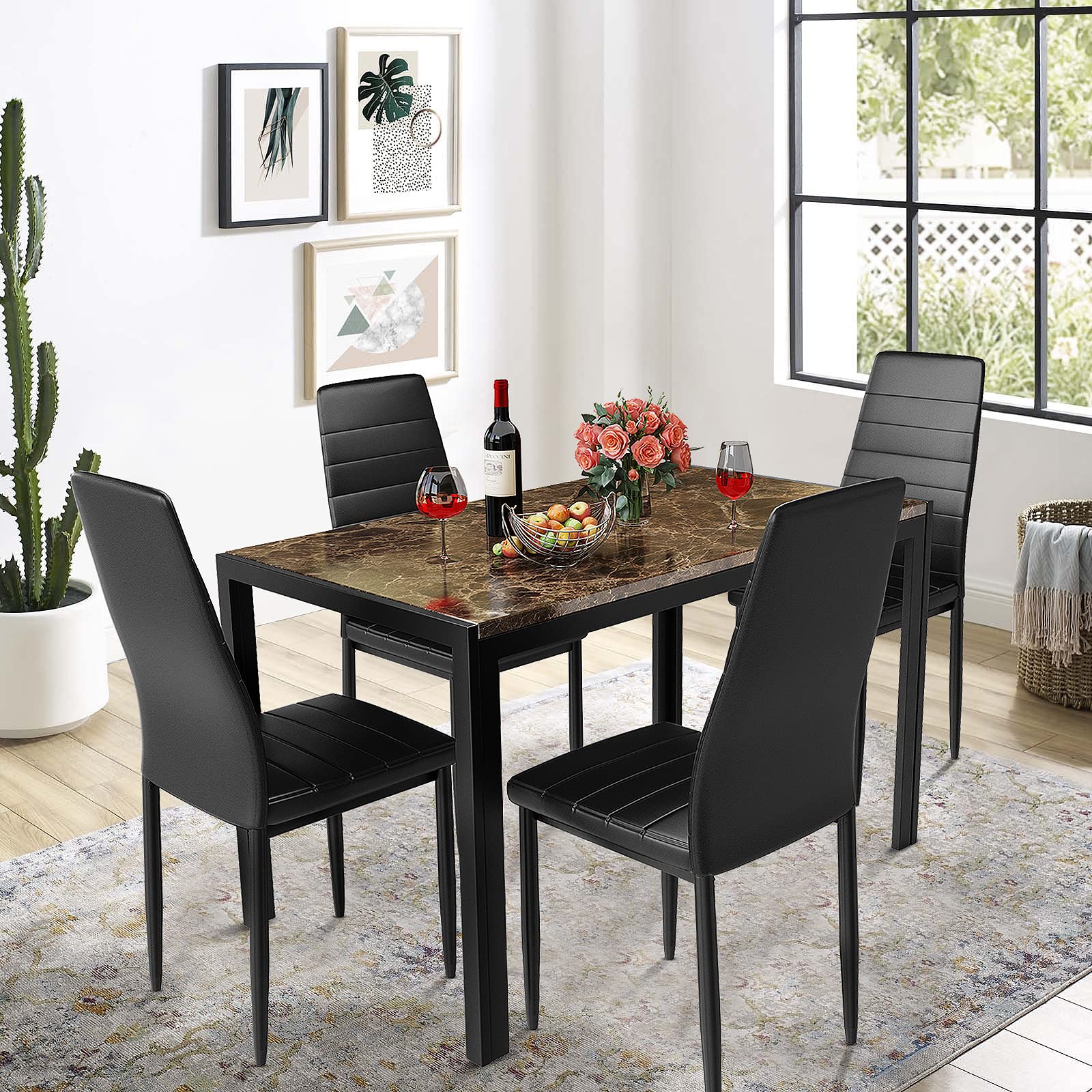 Modern 4-Piece Faux Marble Dining Table Set with PU Leather Chairs - Kitchen & Dining Room Table for 4-6 People - Perfect for Small Spaces, Apartments & Family Gatherings