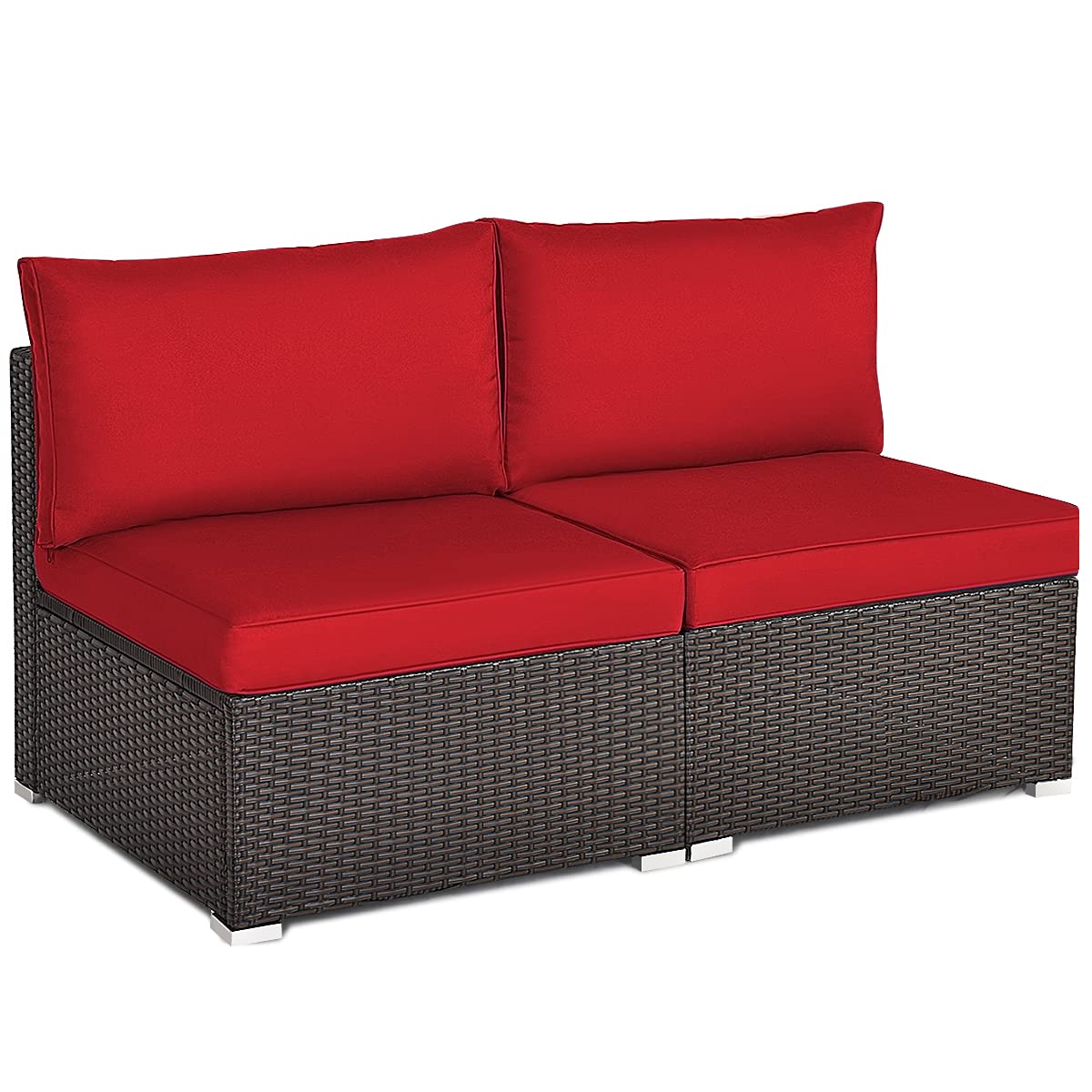 Tangkula 2-Piece Outdoor Wicker Armless Sofa Set with Thick Cushions - Patio Rattan Sectional Sofa for Garden, Balcony, Poolside - Includes 2 Seat & 2 Back Cushions (Red) | Perfect for Relaxing, Sunbathing & Outdoor Entertaining