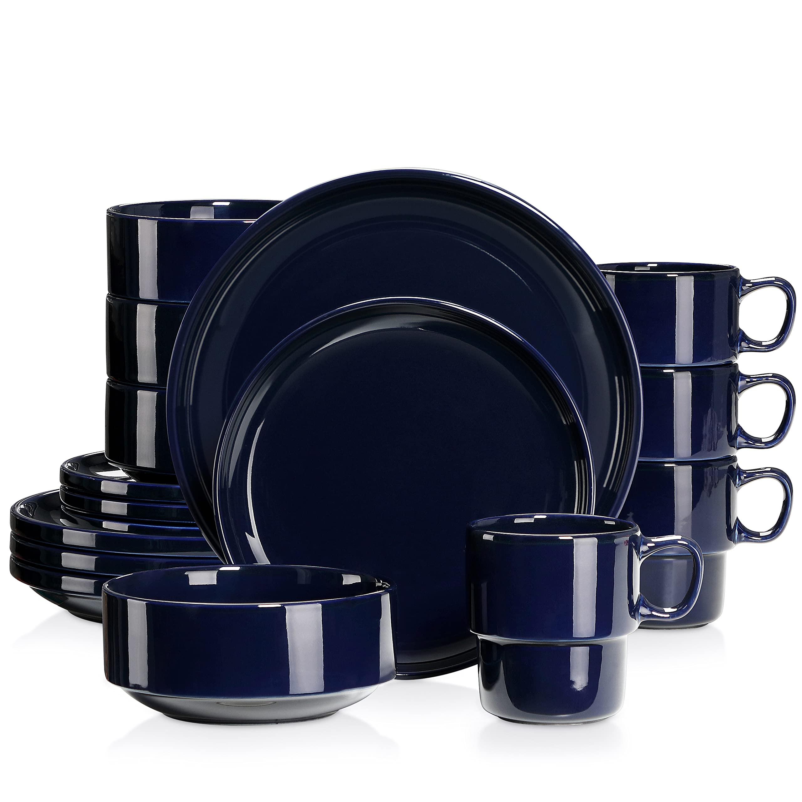 LOVECASA 16-Piece Round Porcelain Dinnerware Set for 4 - Ceramic Dish Set Includes Dinner Plates, Dessert Plates, Bowls & Mugs - Dishwasher & Microwave Safe Dark Blue Tableware - Perfect for Family Dinners, Entertaining Guests & Daily Use
