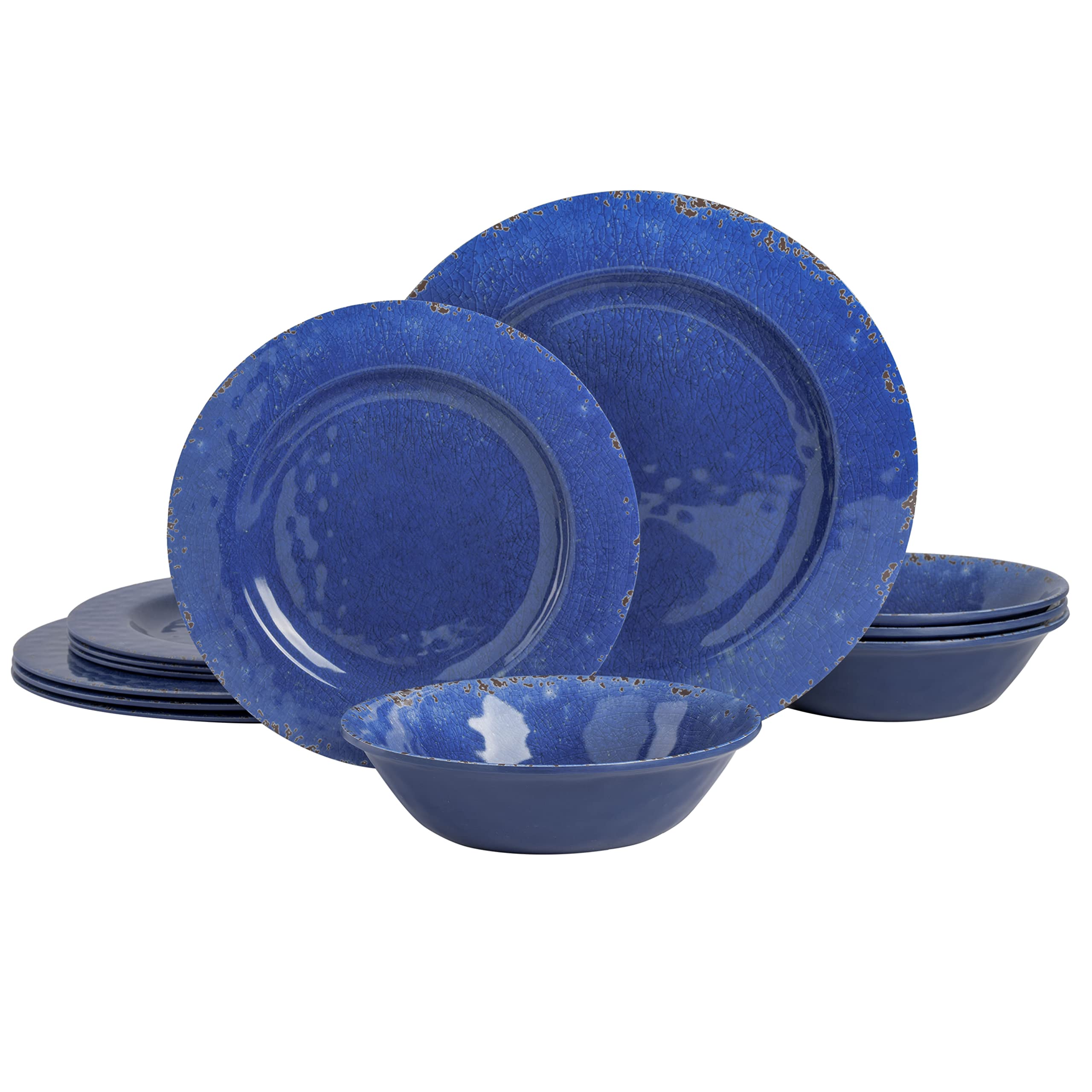 Gibson Home Mauna Melamine Dinnerware Set for 4 - 12-Piece Shatterproof Plates & Bowls in Cobalt Rustic - Perfect for Outdoor Dining, Picnics, and Camping