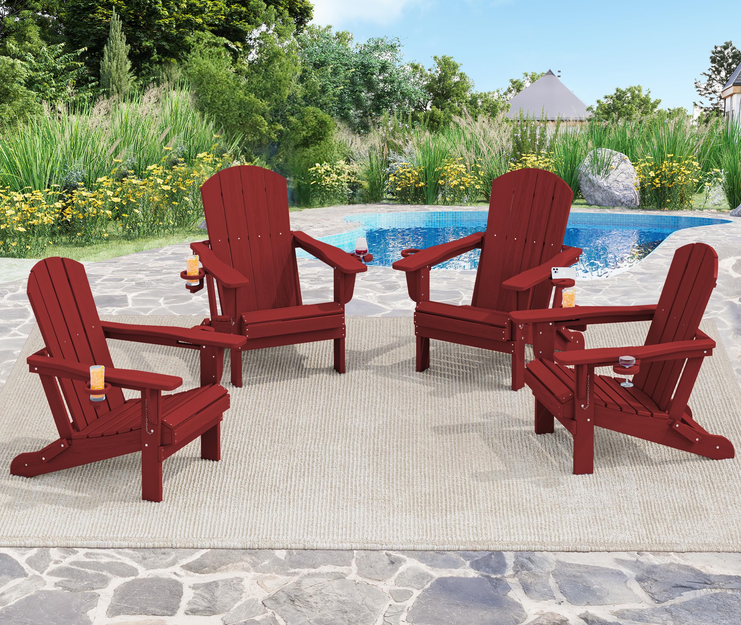 Premium SERWALL Adirondack Chair with Cup Holders - Durable HDPE Composite Outdoor Patio Furniture - All-Weather Resistant (Red) - Perfect for Backyard, Poolside & Garden Relaxation