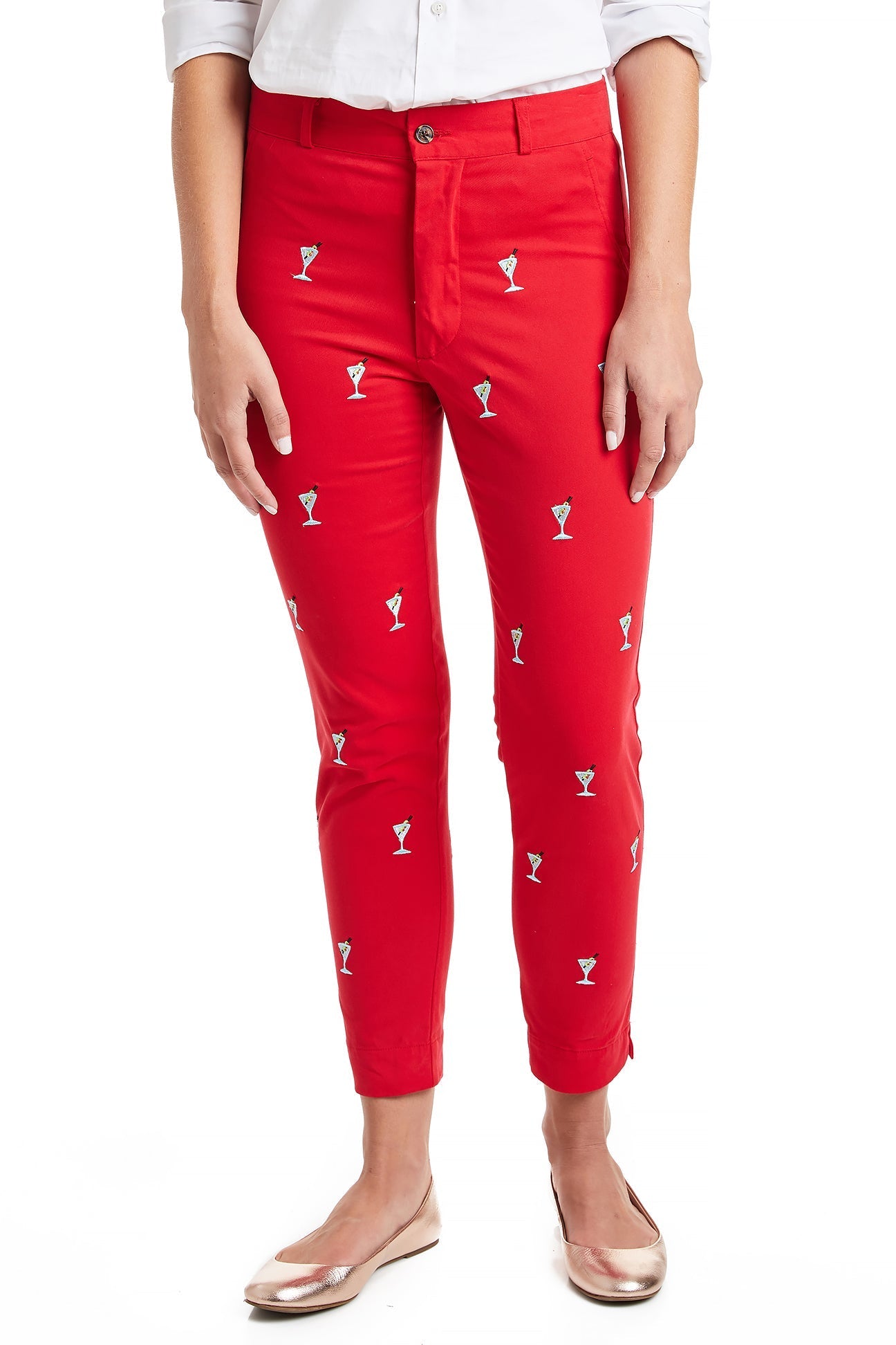 Stretch Twill Ankle Capri Pants in Bright Red with Martini Design - Perfect for Casual Outings, Workwear, and Nightlife Fashion