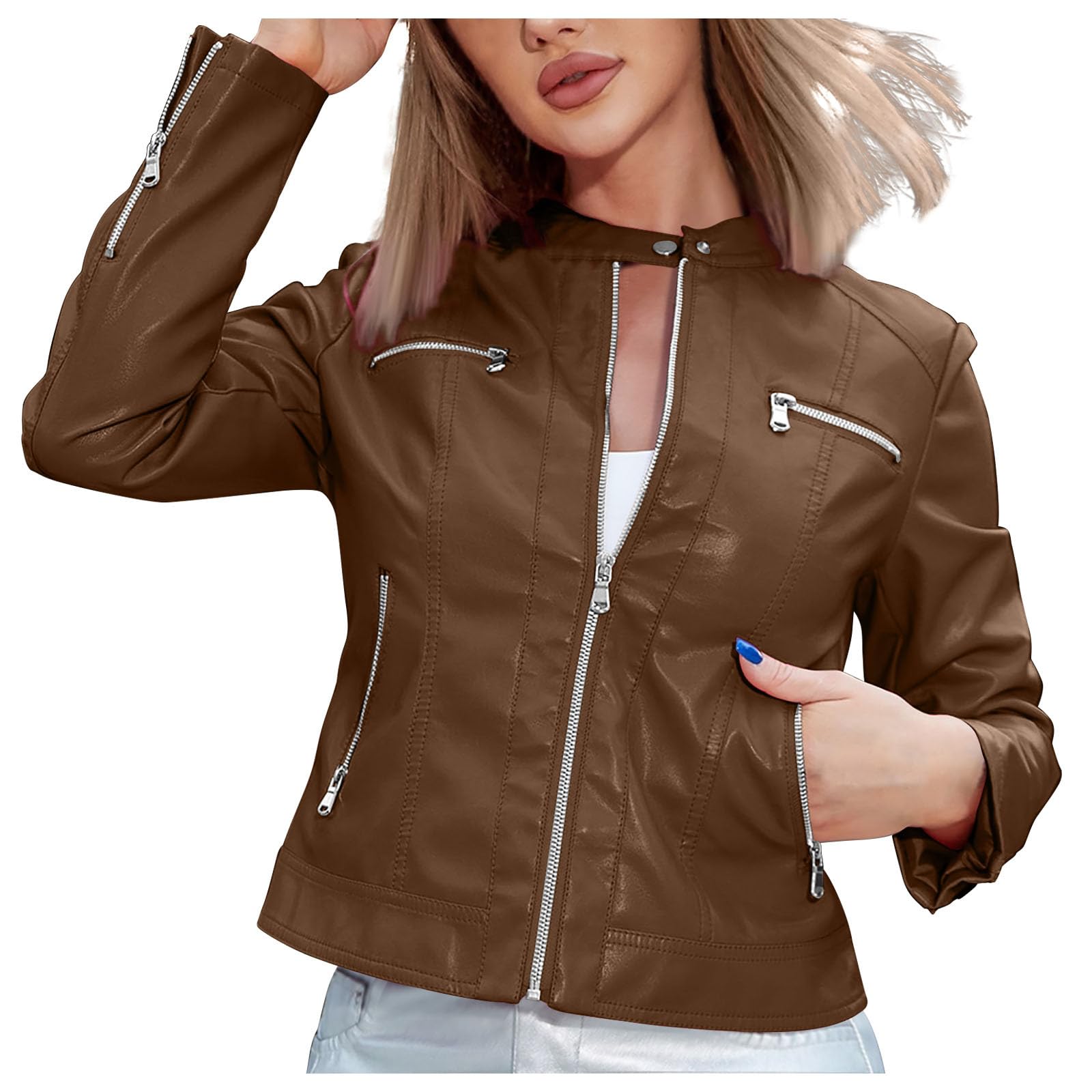 Yihaojia Women's Petite Faux Leather Cropped Jacket - Zip Up Long Sleeve Moto Biker Coat for Casual Outfits | Perfect for Spring, Fall & Night Out | Lightweight & Stylish Outerwear