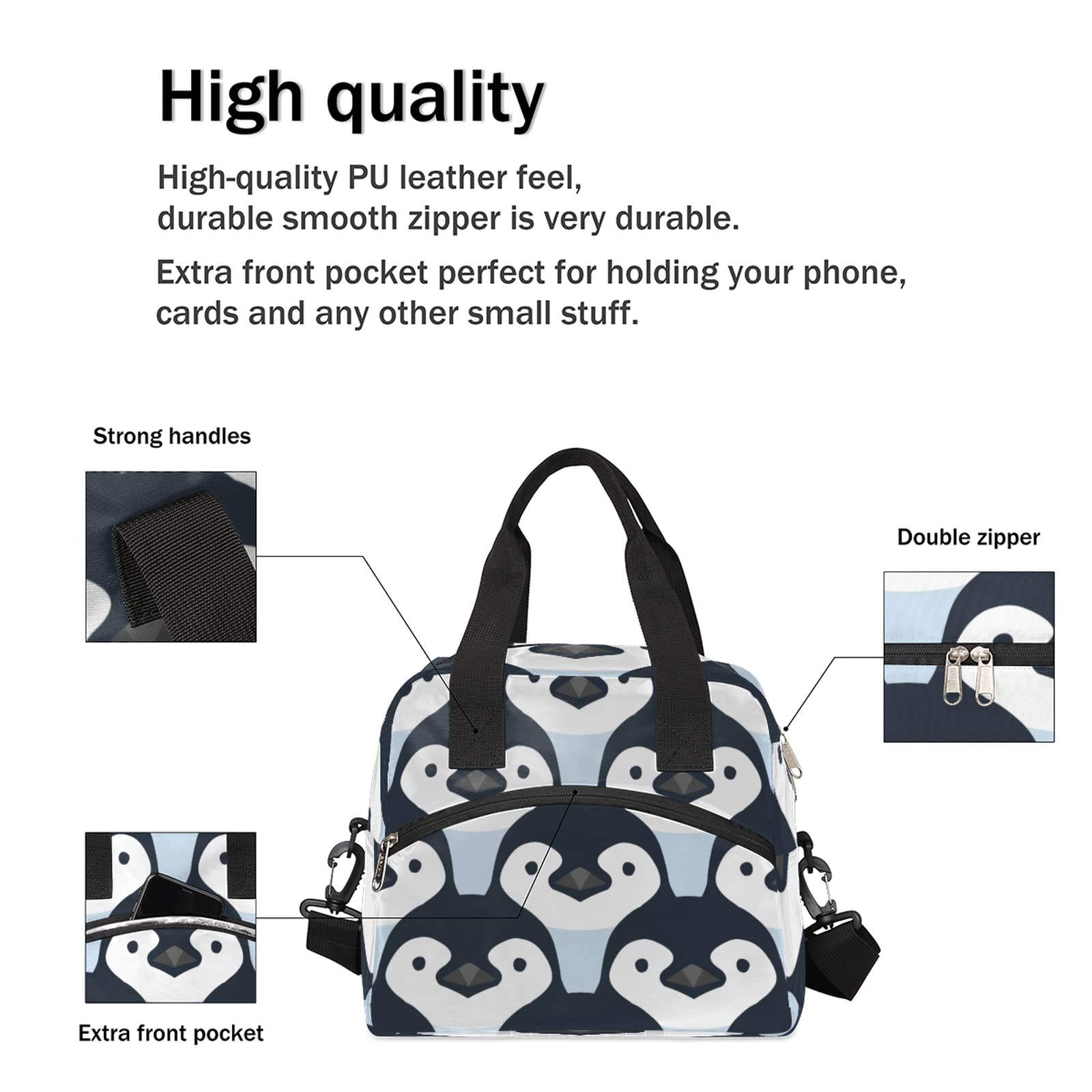 Cute Penguin Insulated Lunch Bag with Front Pocket - Leakproof & Water-resistant Thermal Cooler Tote for Picnic, Hiking, Beach, Work - Includes Adjustable Shoulder Strap for Easy Carrying