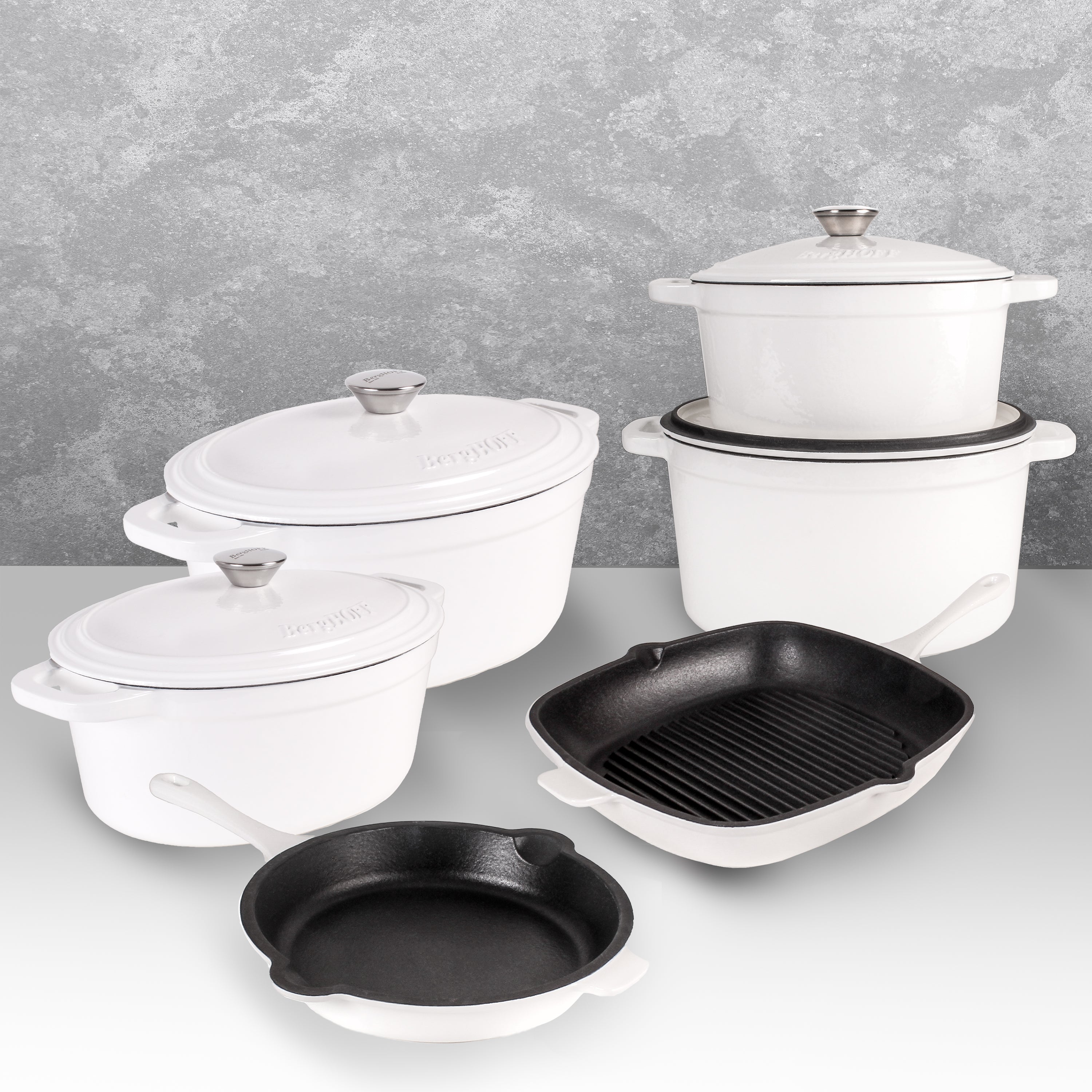 BergHOFF Neo 10-Piece Cast Iron Cookware Set in White | Durable Enameled Dutch Oven & Skillets | Perfect for Stovetop, Oven & Camping Cooking