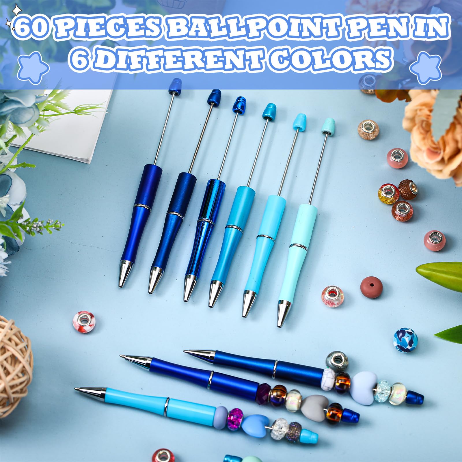 Kosiz 60-Pack Plastic Beaded Ballpoint Pens with Black Ink - Fun Beadable Pens for Kids, Students, Office & School Supplies (Blue Series, Simple Design) - Perfect for DIY Crafts, Classroom Rewards & Party Favors