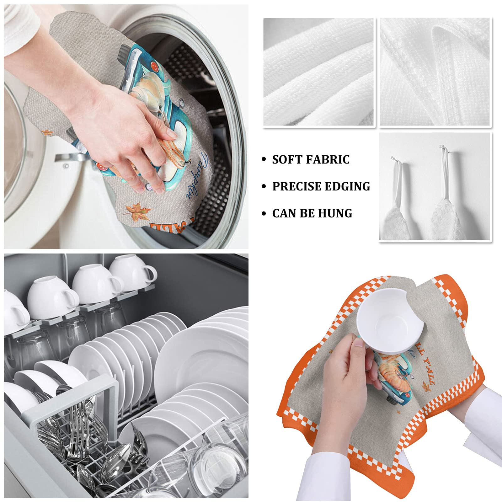 Premium Absorbent Kitchen Dish Towels & Dishcloths Set - Blue Truck Pumpkin Thanksgiving Theme, 18x28 Inches, with Hanging Loop - Perfect for Home Cleaning, Drying Dishes & Holiday Decor (Orange White Plaid Checkered Pattern)