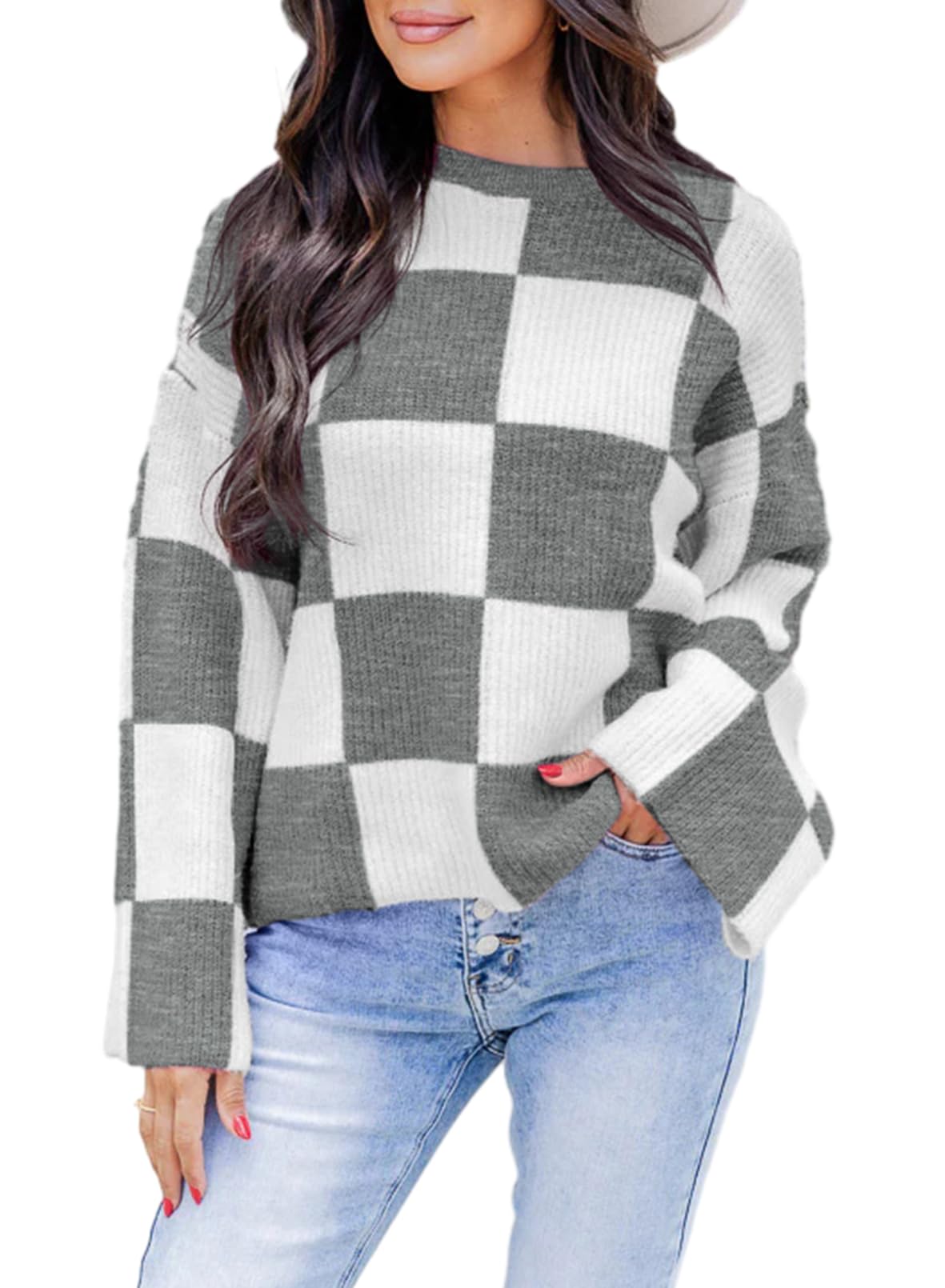 Dokotoo Women's Crewneck Checkered Knit Sweater with Bell Sleeves - Soft Pullover Top for Fall & Winter | Casual Outfit, Office Wear, Holiday Fashion