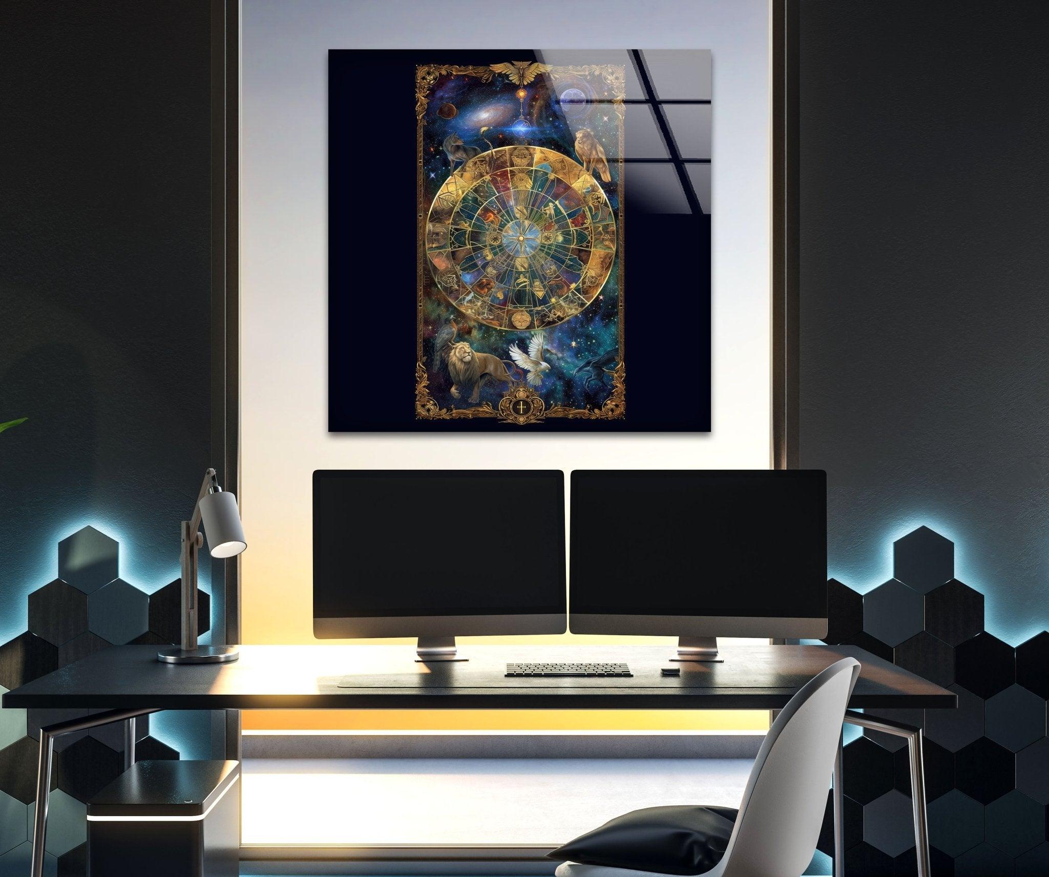 Celestial Astrology Glass Wall Art Decor - Handmade Zodiac Sign Mural for Home, Office & Meditation Room - Perfect for Spiritual Spaces & Gift Giving