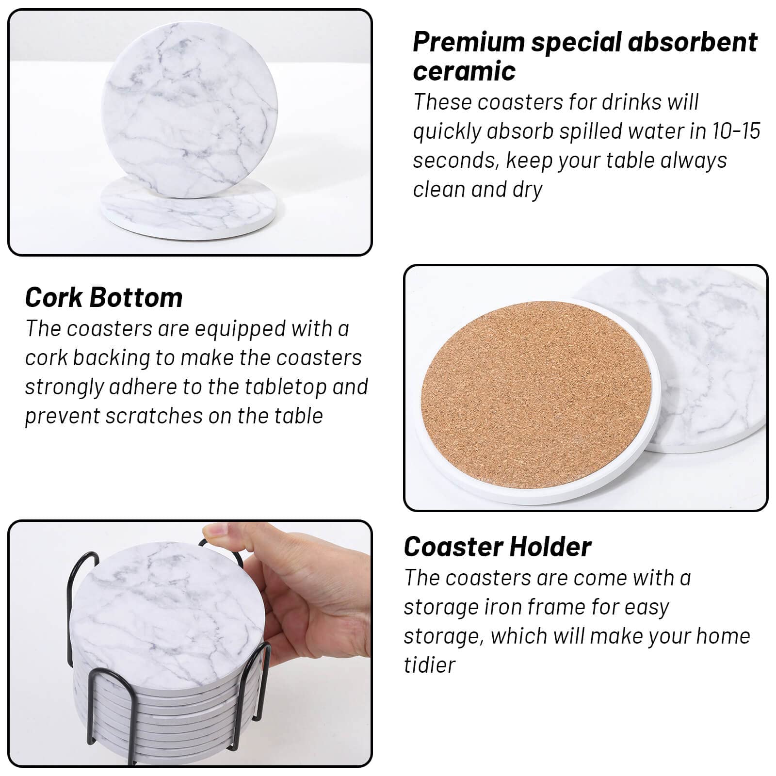 Billbotk 9-Piece Marble Style Ceramic Coaster Set with Holder - Absorbent Drink Coasters for Coffee Table, Wooden Table - 4 Inch Round Coasters for Coffee Mugs, Wine Glasses, Beverage Cups - Perfect for Home, Office, Party Use