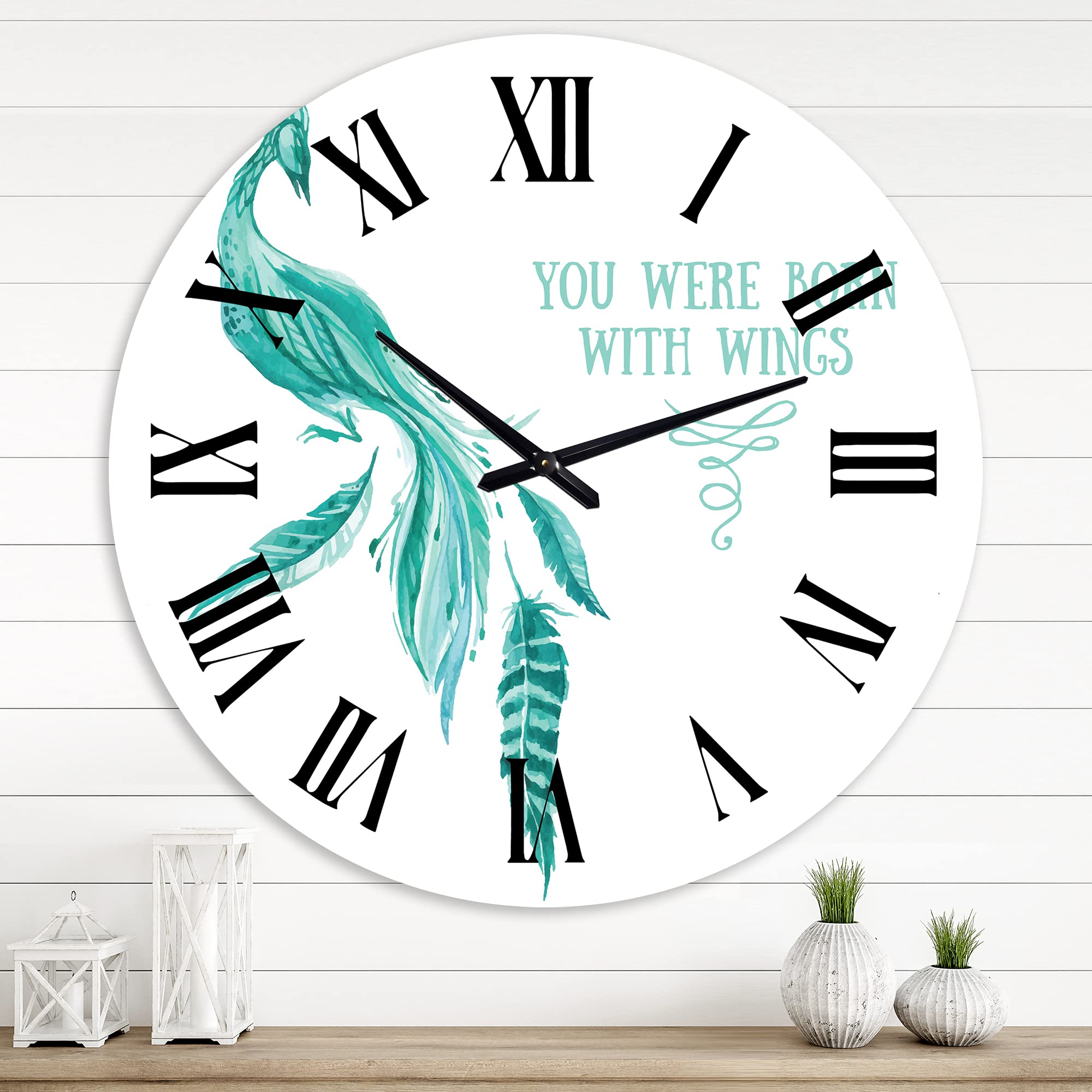 DesignQ Mystic Mint Bird Wall Clock - Large Traditional Decorative Clock for Bedroom, Living Room & Office | 'You Were Born with Wings' Inspirational Quote | Perfect Home Decor Gift Idea