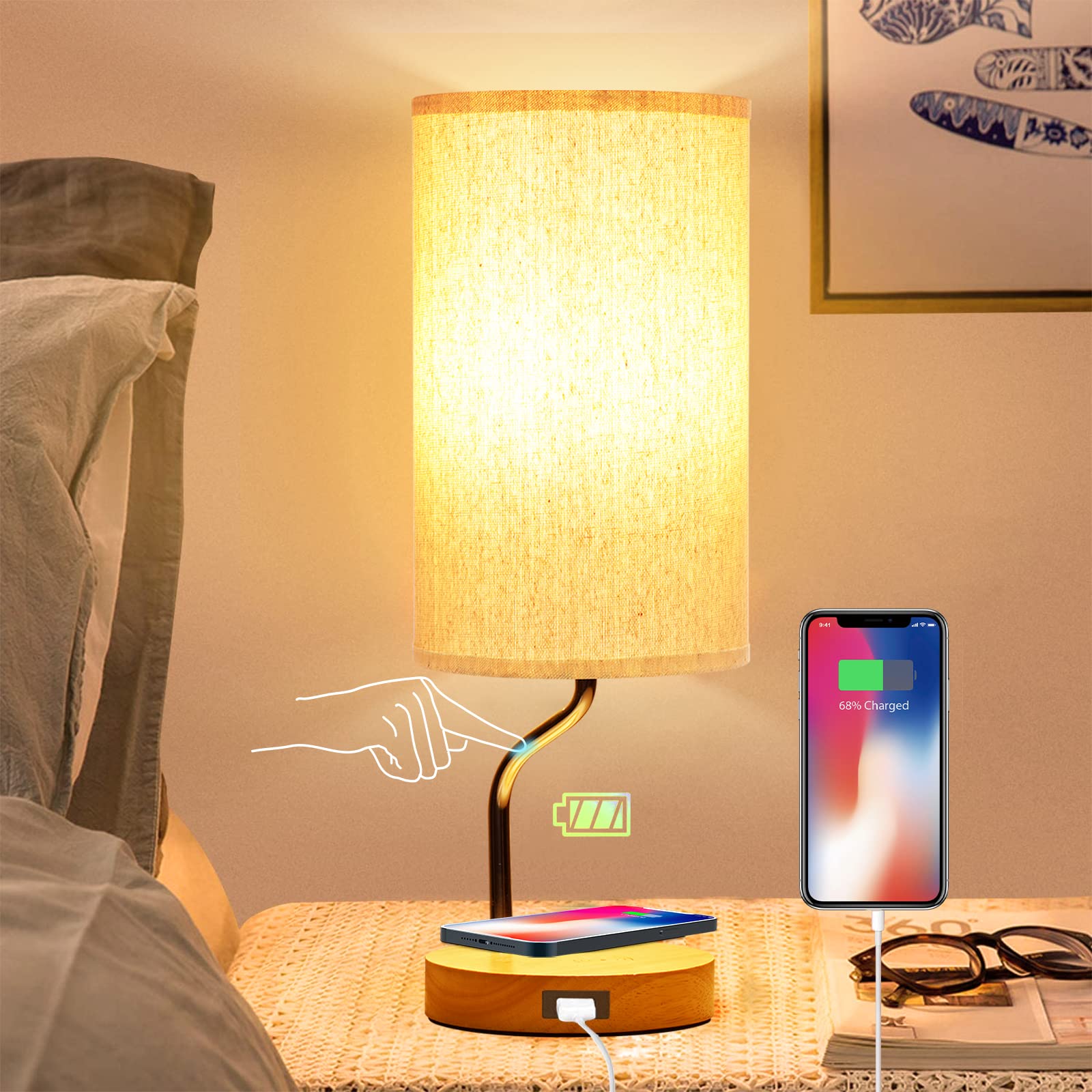Wireless Charging Bedside Table Lamp with USB Port - 3-Way Dimmable Touch Control LED Desk Lamp for Bedroom, Wooden Nightstand Lamp with Fabric Shade for Living Room, Kids Room, Dorm & Office | Perfect for Reading, Working & Nighttime Use