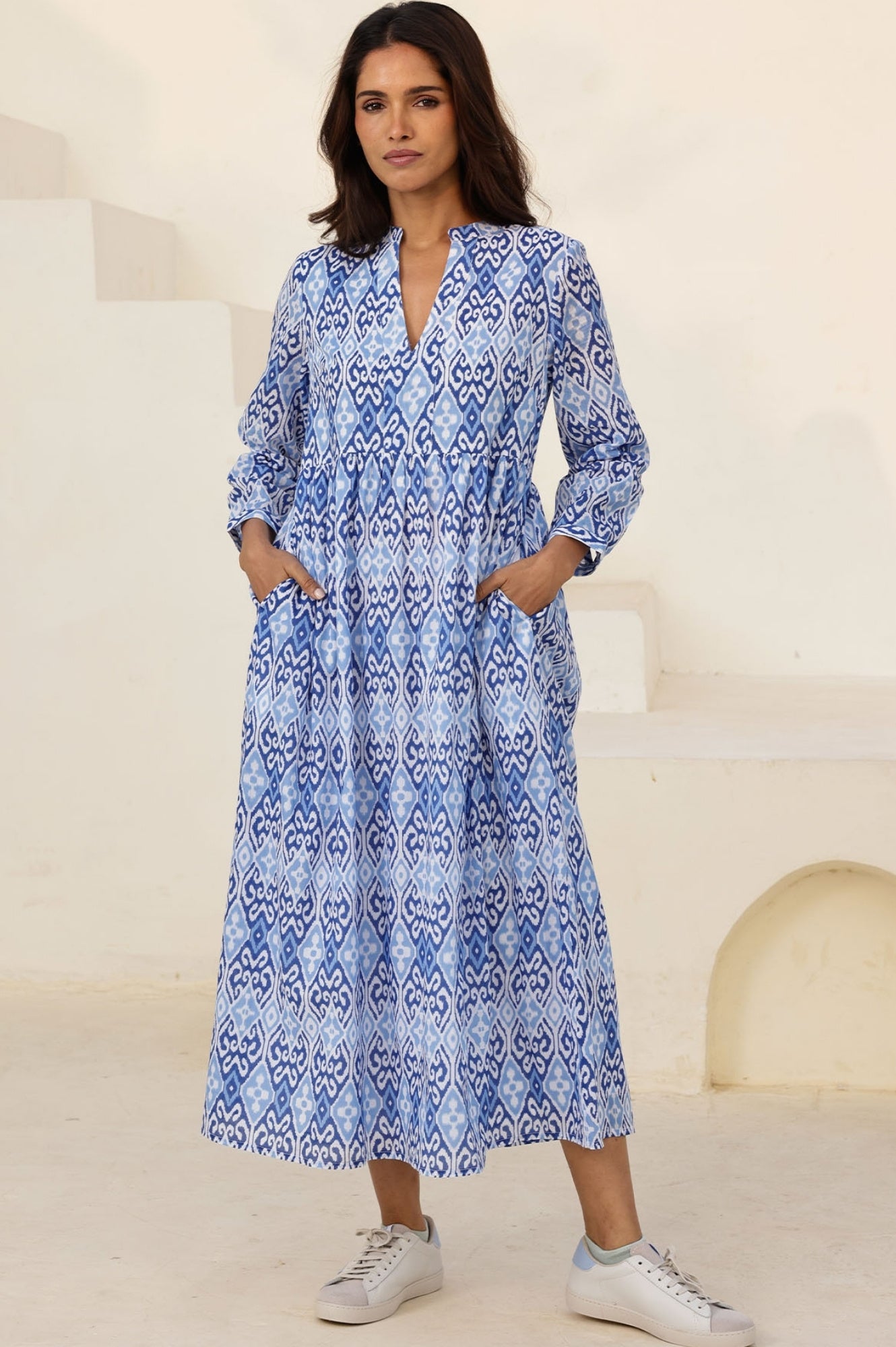 Mara Organic Cotton Dress - Ikat Print in White & Blue | Boho Chic Summer Dress for Beach, Vacation & Casual Outings