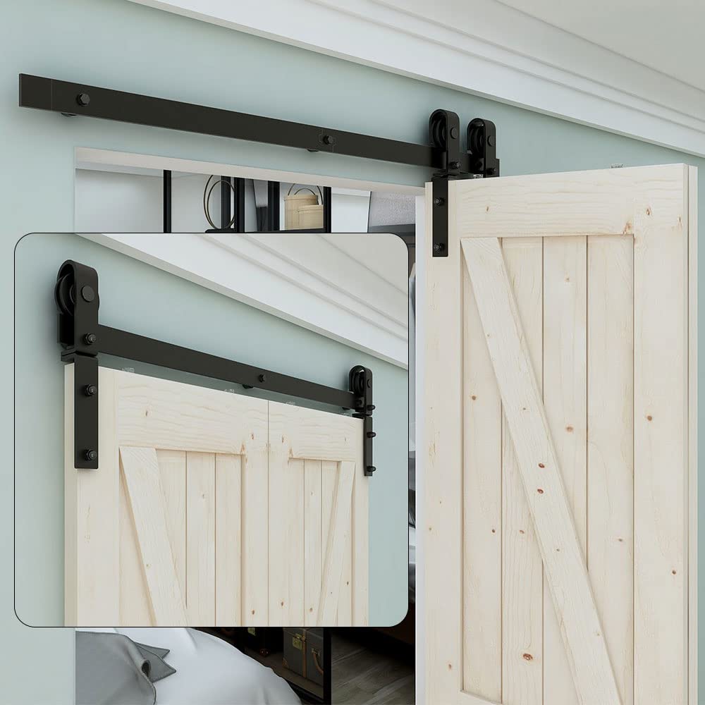 4FT Heavy Duty Bi-Folding Sliding Barn Door Hardware Kit - Smooth & Quiet Operation, Easy Installation for Double Doors (No Door Included) - Perfect for Bedroom Closets, Pantries and Home Office Spaces