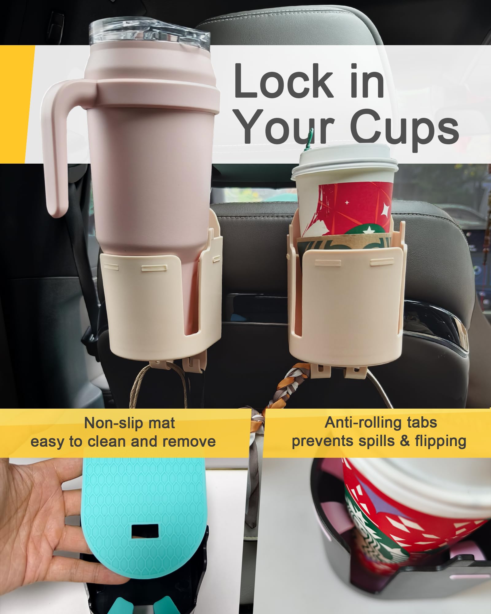 **2PCS Car Headrest Cup Holder for Back Seat - 3-in-1 Multifunctional Seat Back Organizer with Hooks | Perfect for Road Trips, Travel & Kids Snacks**