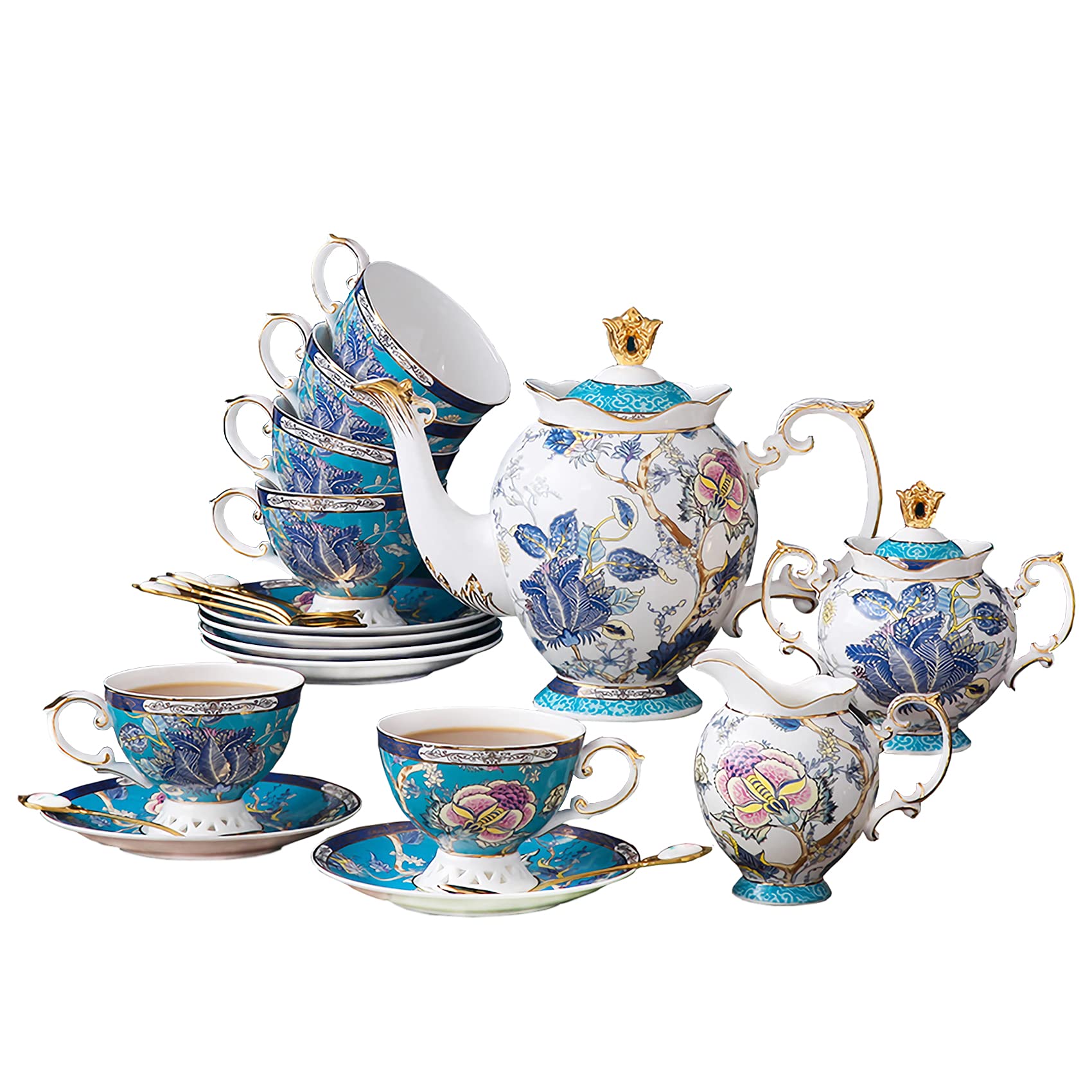 Premium Bone China Tea Set - Blue and White Porcelain Teapot & 6 Cups Set, Elegant English Vintage Tea Party Collection for Adults, Luxury Gift for Women - Perfect for Afternoon Tea, Bridal Showers & Home Decor