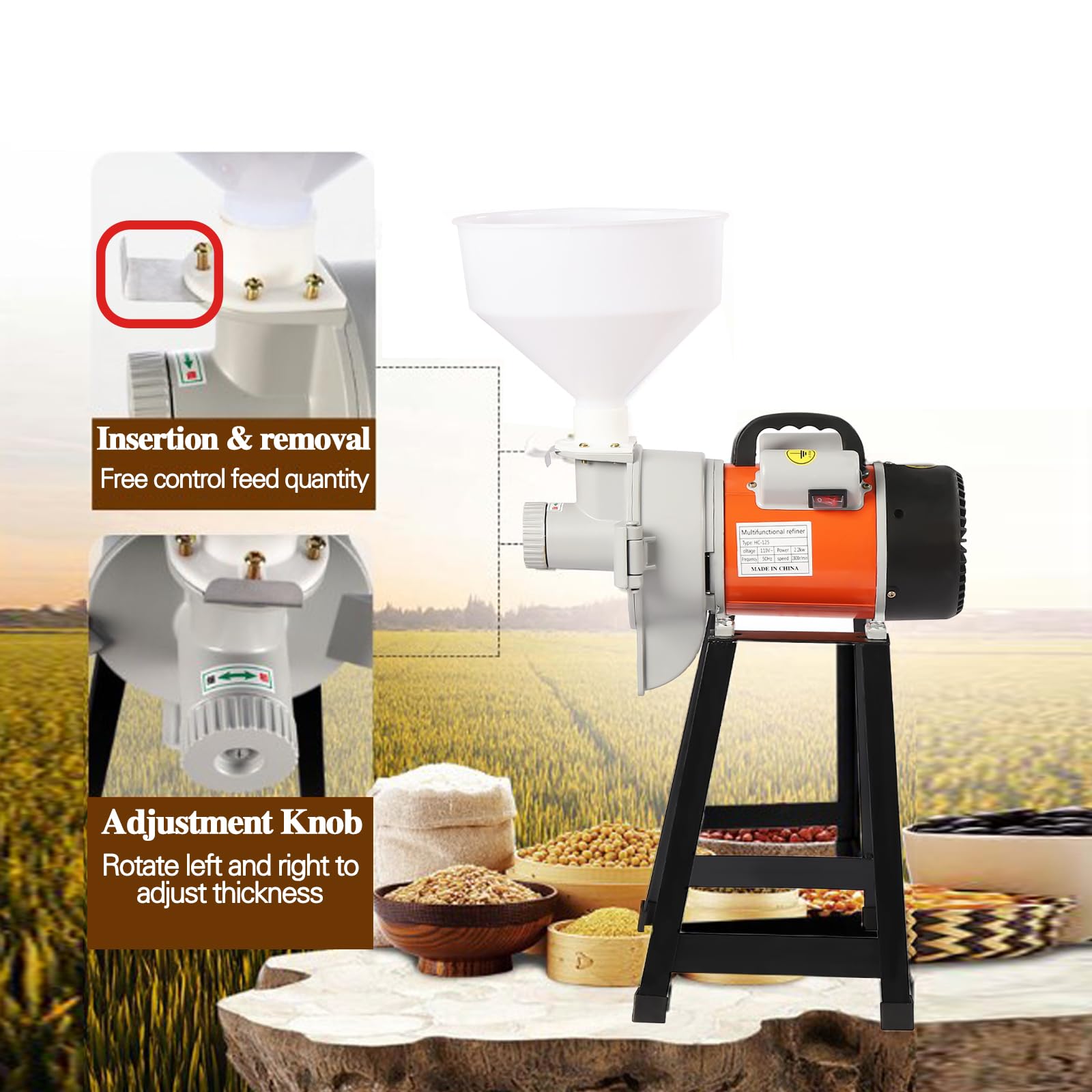 2200W Commercial Electric Grain Mill Grinder for Corn, Wheat & Cereals - 110V Flour Mill Machine with Funnel for Home & Bakery Use (Wet & Dry Grinding) - Perfect for Bread Making, Animal Feed & Healthy Flour Production