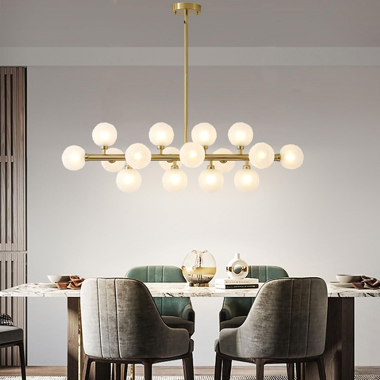 Modern Gold Bubble Linear Chandelier - 16 Light Hanging Pendant Fixture for Dining Room, Kitchen Island & Table Lighting | Copper & White Glass Design | Perfect for Contemporary Home Decor & Restaurant Ambiance