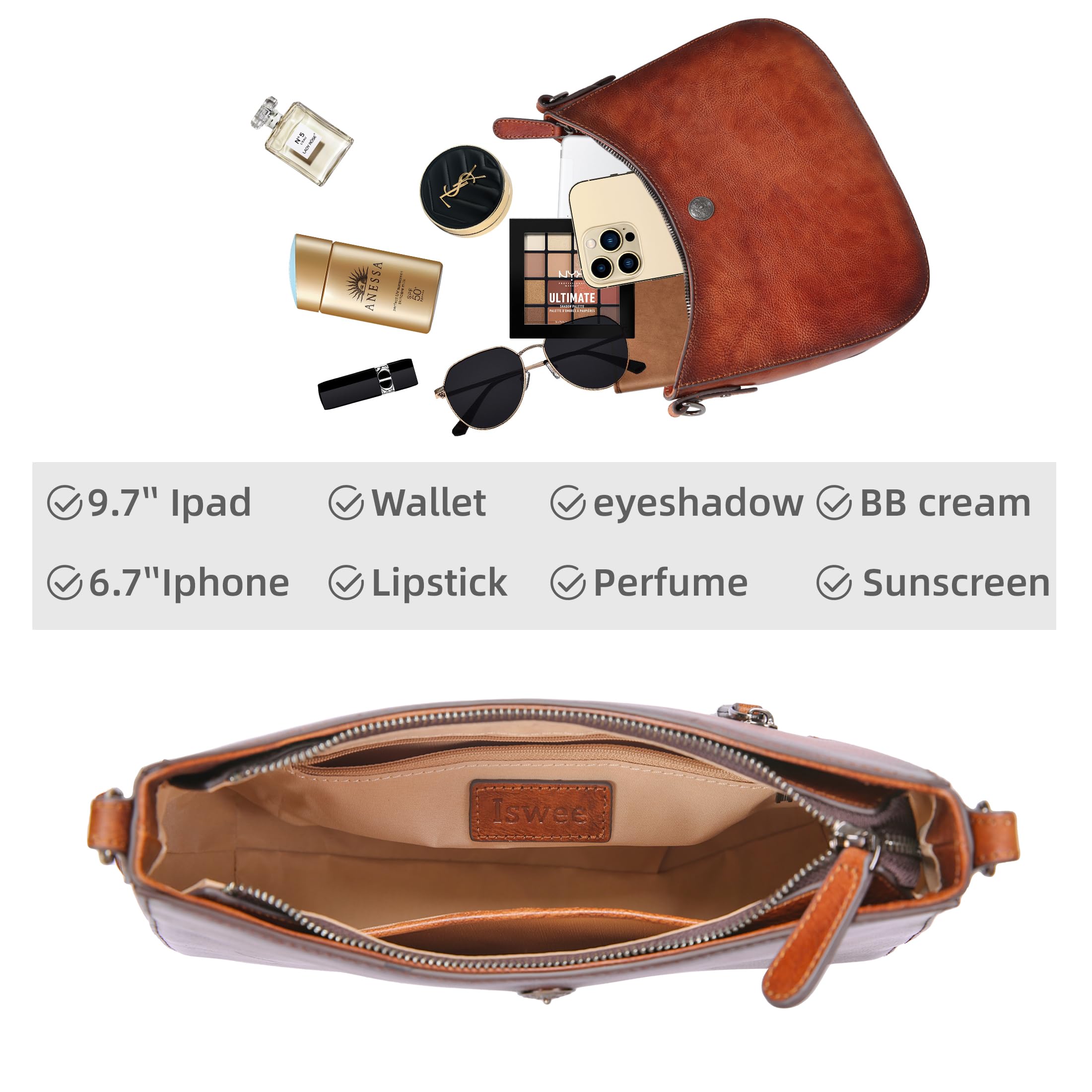 Iswee Genuine Leather Shoulder Bag for Women - Crossbody Crescent Moon Purse, Trendy Designer Satchel Handbag with Half Moon Pocket | Perfect for Work, Travel & Everyday Use