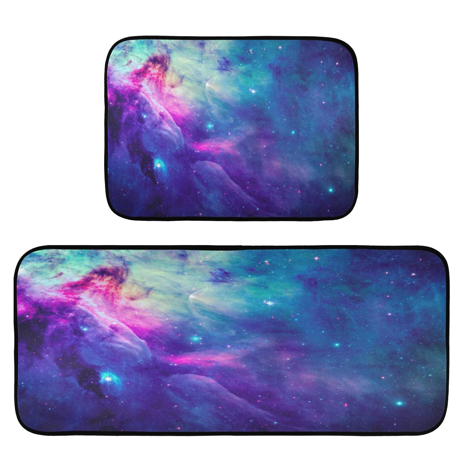 CaTaKu 2-Piece Stellar Space Galaxy Non-Slip Kitchen Rug Set - Washable Polyester Floor Mats for Kitchen, Laundry, Sink & Office - Comfort Standing Mats with Anti-Skid Backing for Home Decor & High Traffic Areas