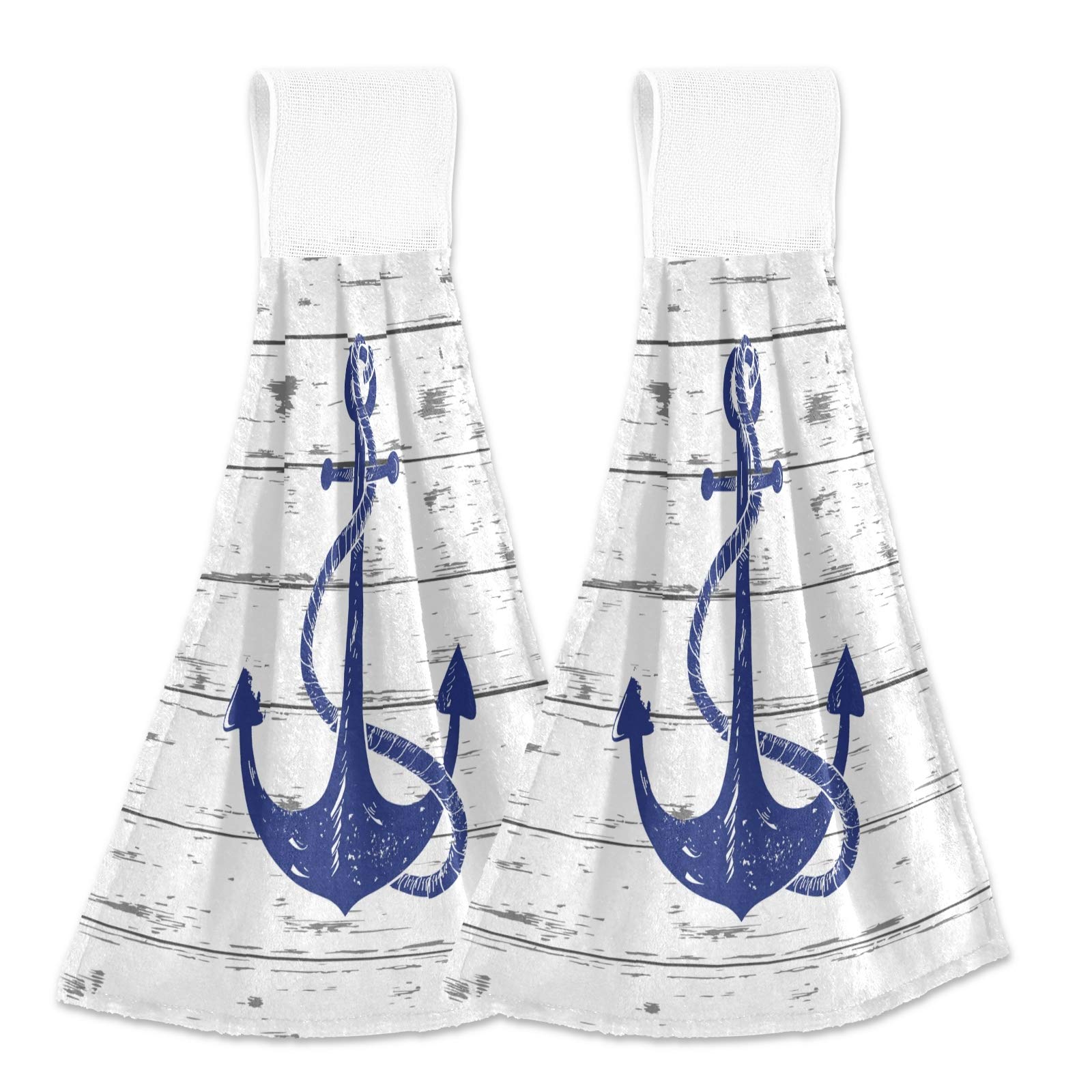 Boccsty Nautical Anchor Hanging Kitchen Towels Set of 2 - Wooden Planks with Starfish & Seashell Design - Hand & Bath Towels for Farmhouse, Tea Bar, Bathroom & Tabletop Decor - Perfect for Coastal, Beach & Rustic Home Styling